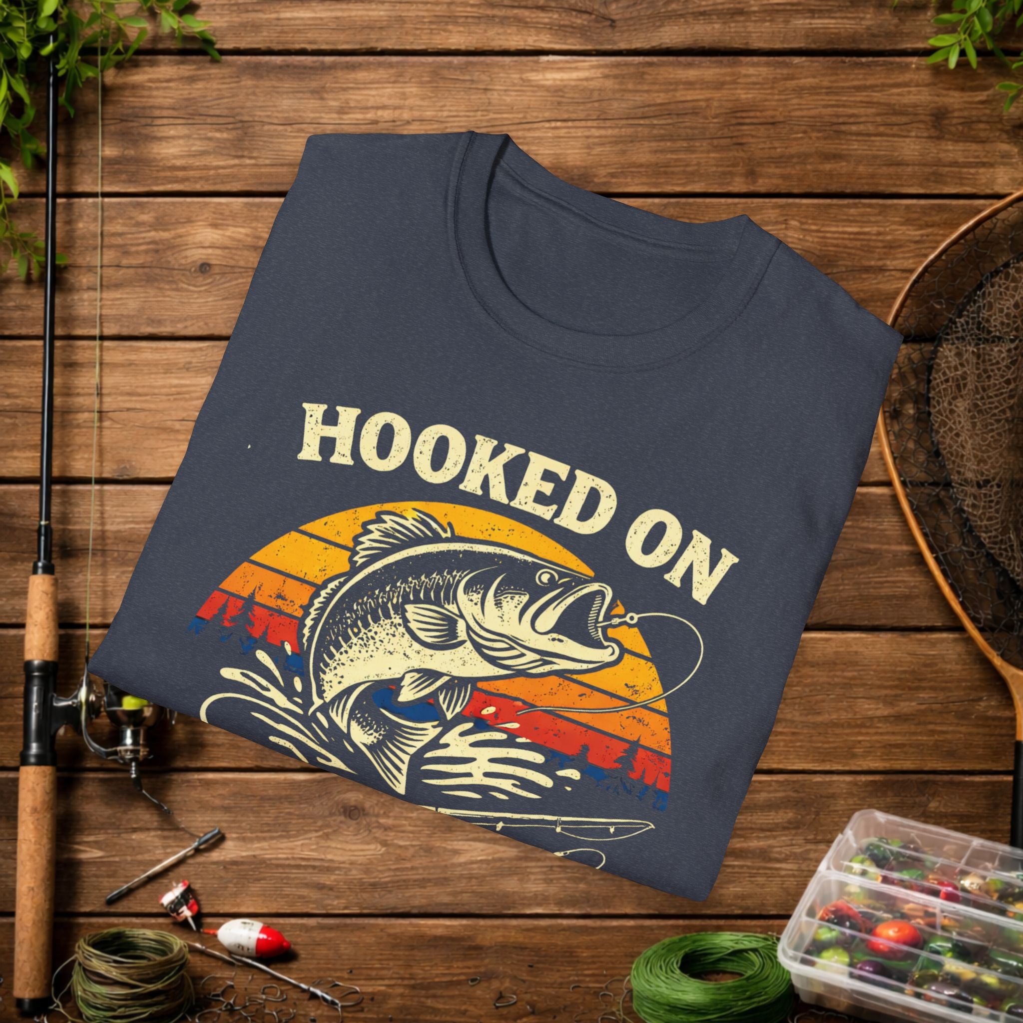 Hooked on Fishing Retro Sunset Shirt – Bass Fishing T-Shirt – Vintage Fisherman Tee – Largemouth Bass Angler Gift