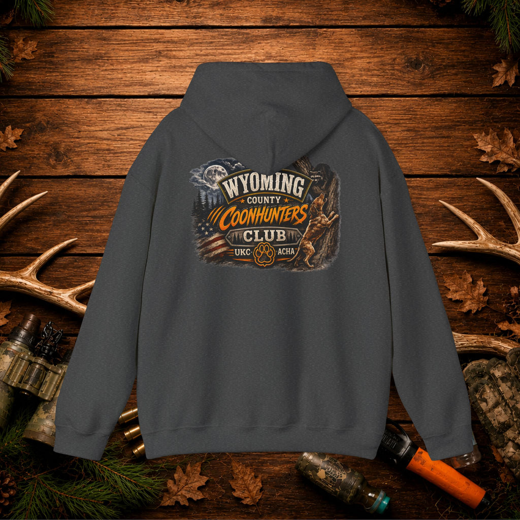 Coonhunters Club Hoodie — Wyoming County Retro Hunting Graphic