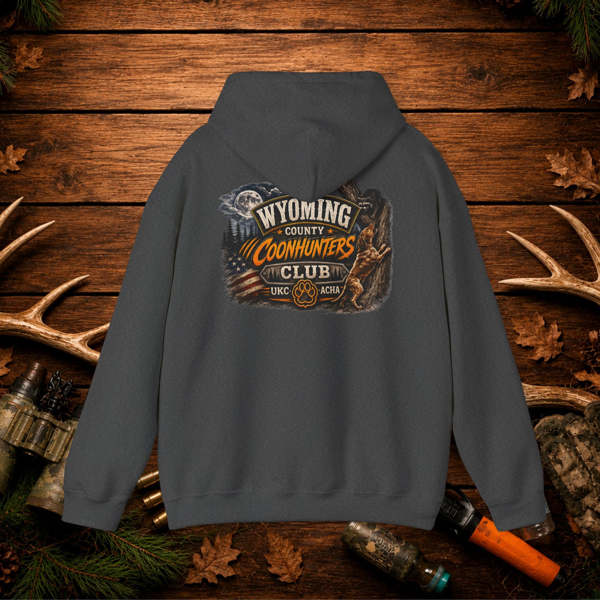 Coonhunters Club Hoodie — Wyoming County Retro Hunting Graphic