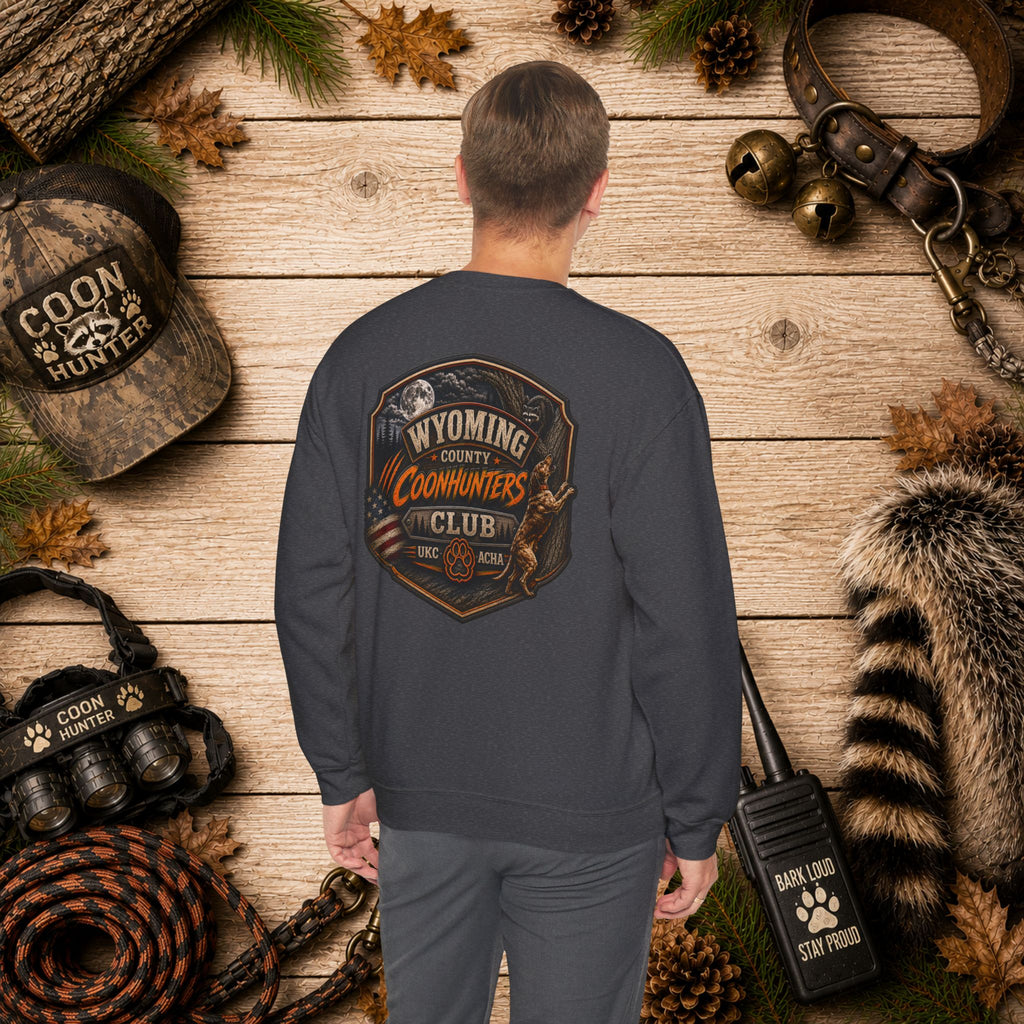 Coonhunters Club Crewneck Sweatshirt - Wyoming County Vintage Hunting Badge