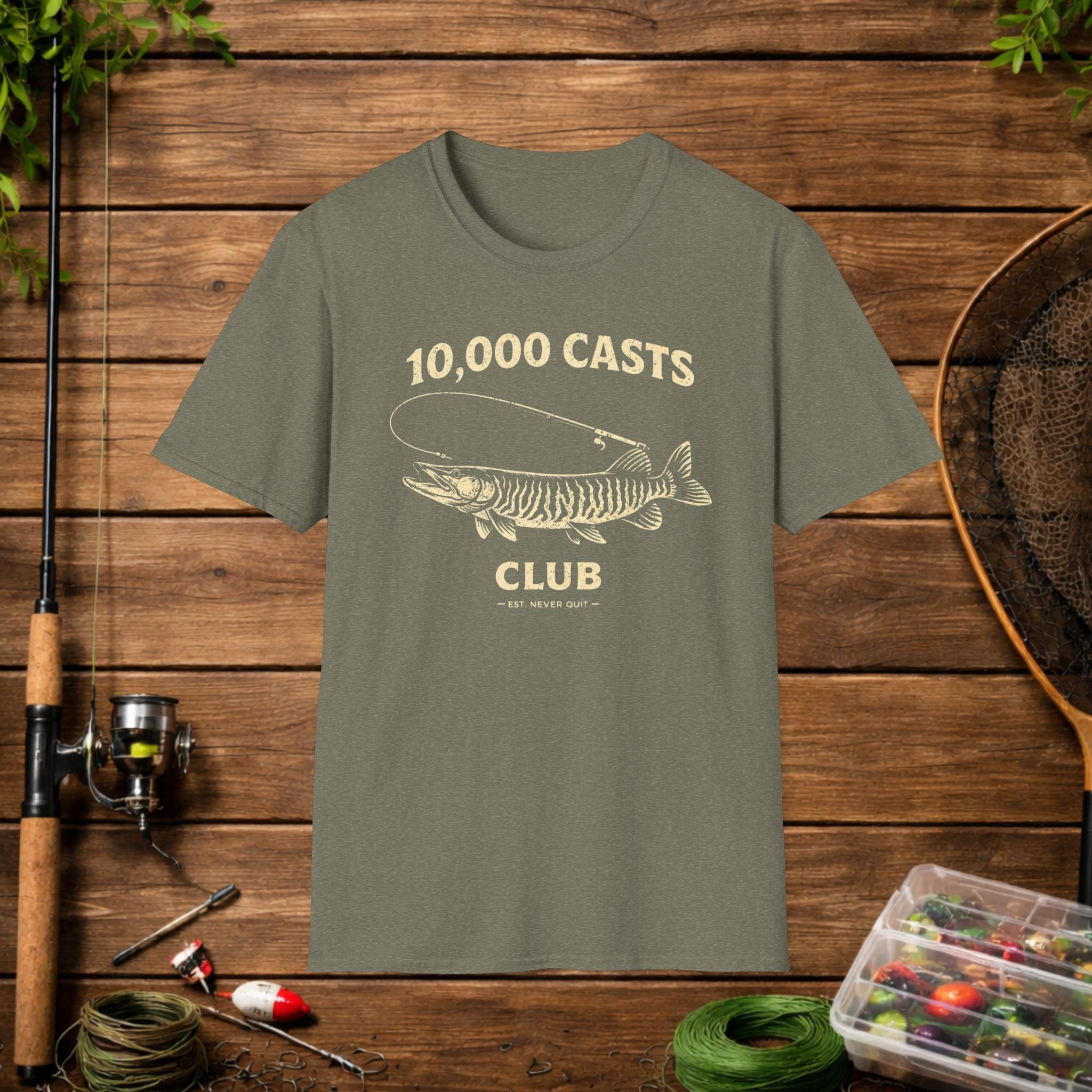 Musky Fishing Shirt – 10,000 Casts Club – Muskellunge Angler Tee – Vintage Musky Design – Hardcore Fishing Apparel