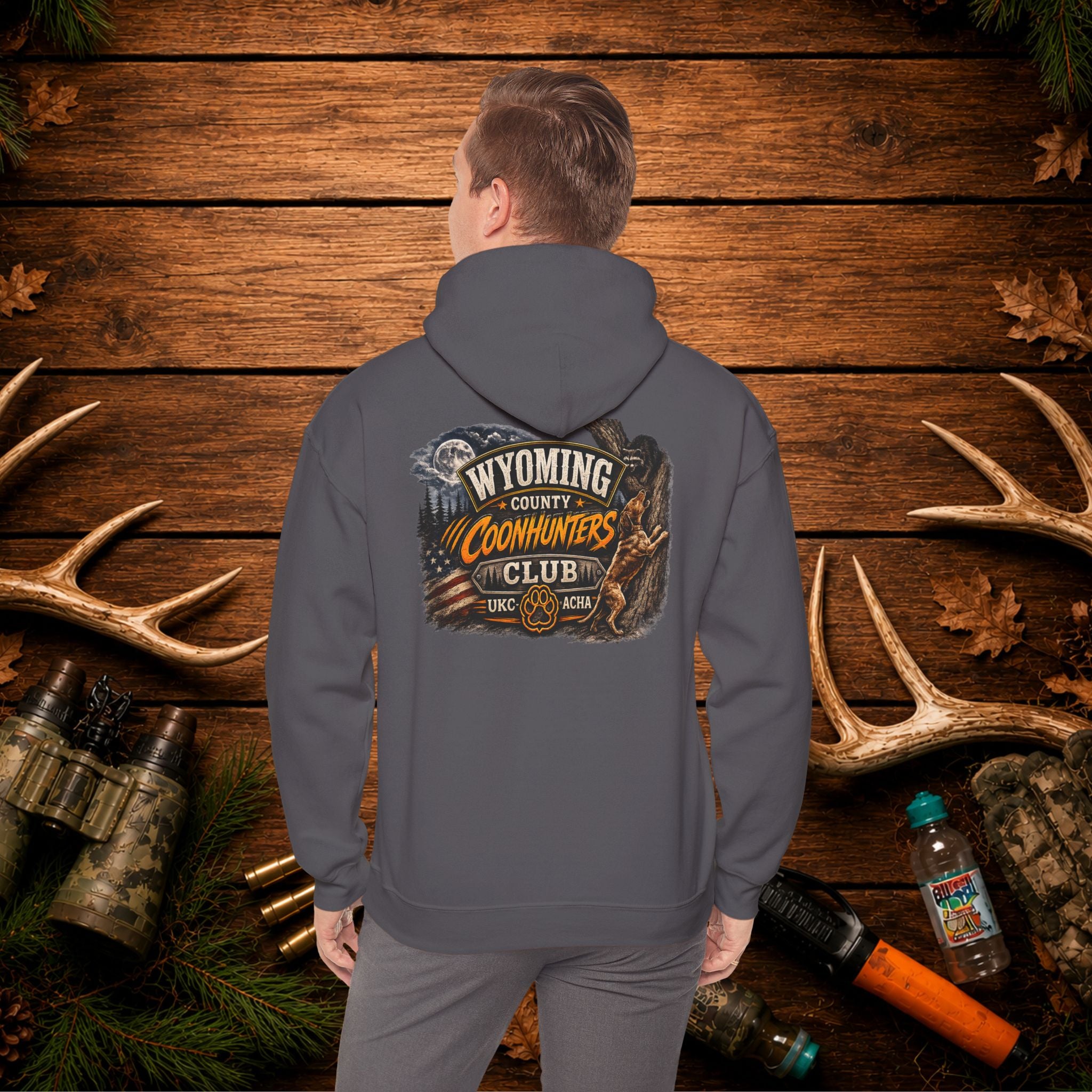 Coonhunters Club Hoodie — Wyoming County Retro Hunting Graphic