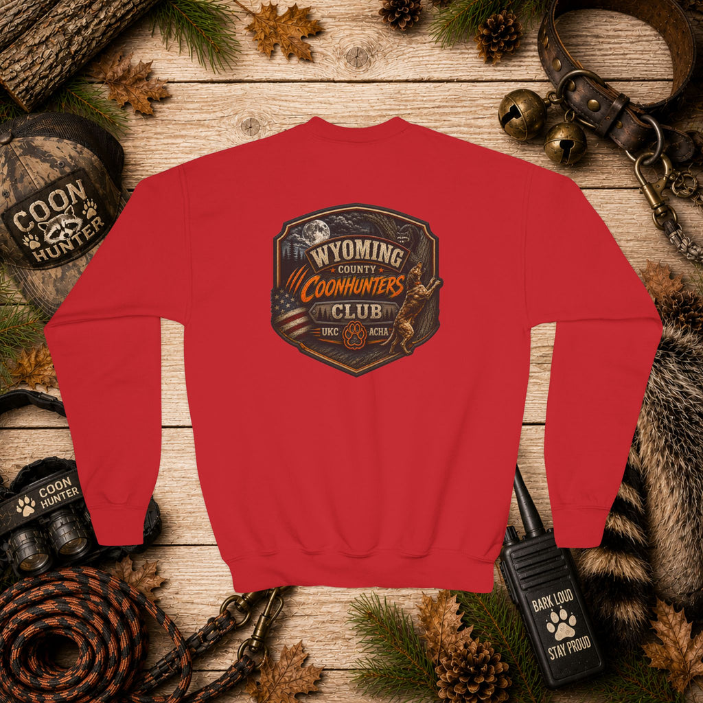 Wyoming Coonhunters Club Youth Crewneck Sweatshirt — Dual Print Banner front/Badge back