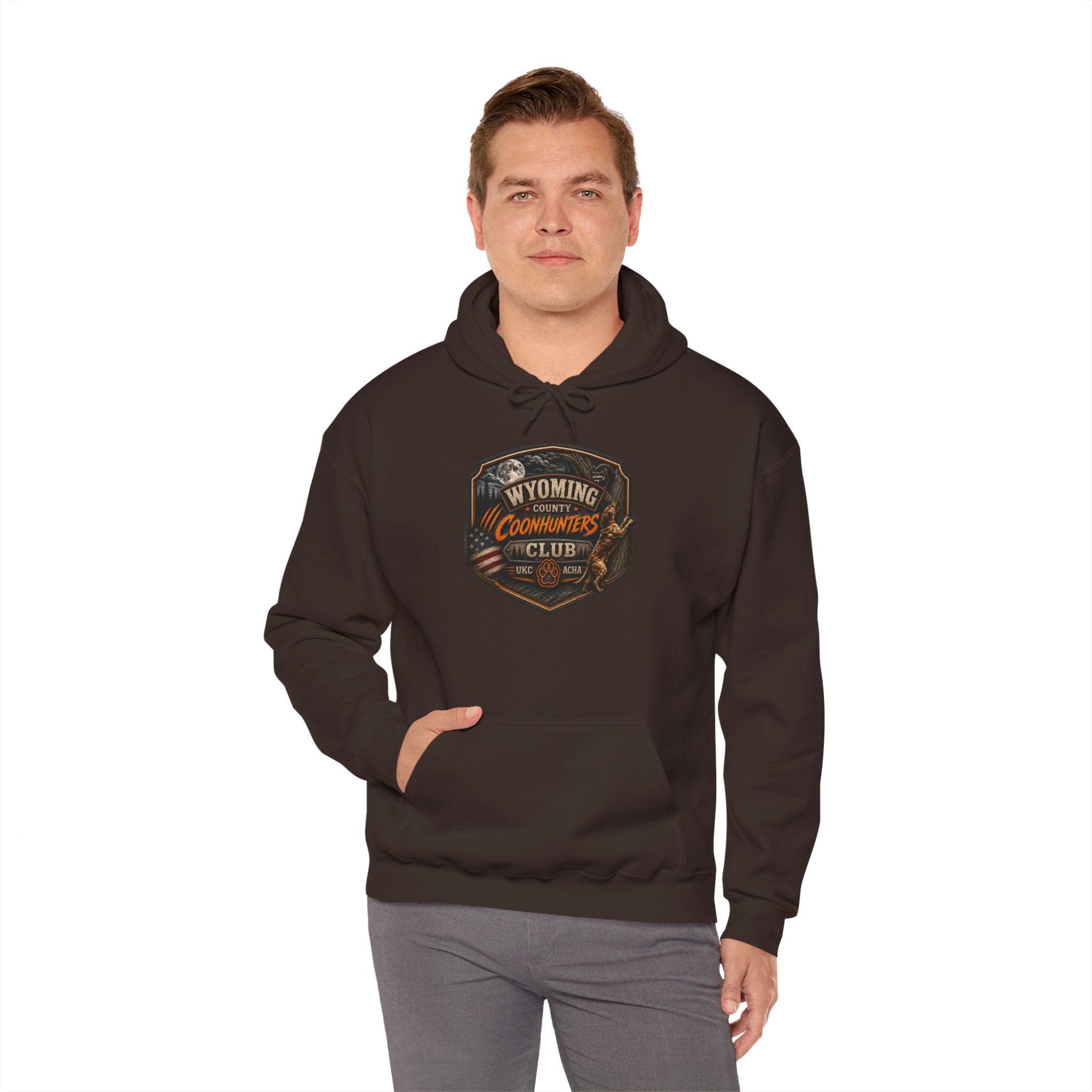 Wyoming Coonhunters Club Hoodie – Dual print badge front/banner back