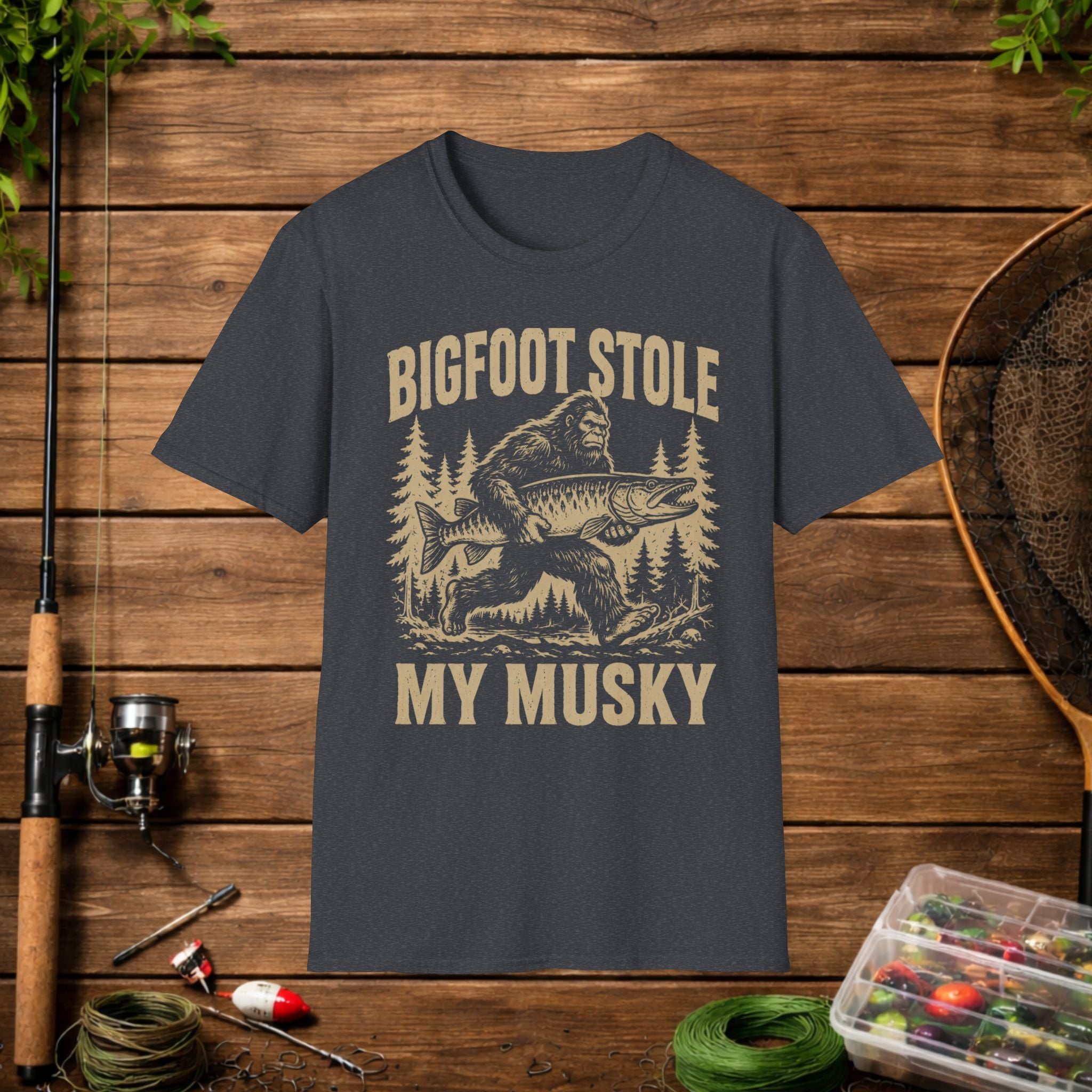 Bigfoot Stole My Musky T-Shirt — Funny Fishing Muskie Tee for Anglers