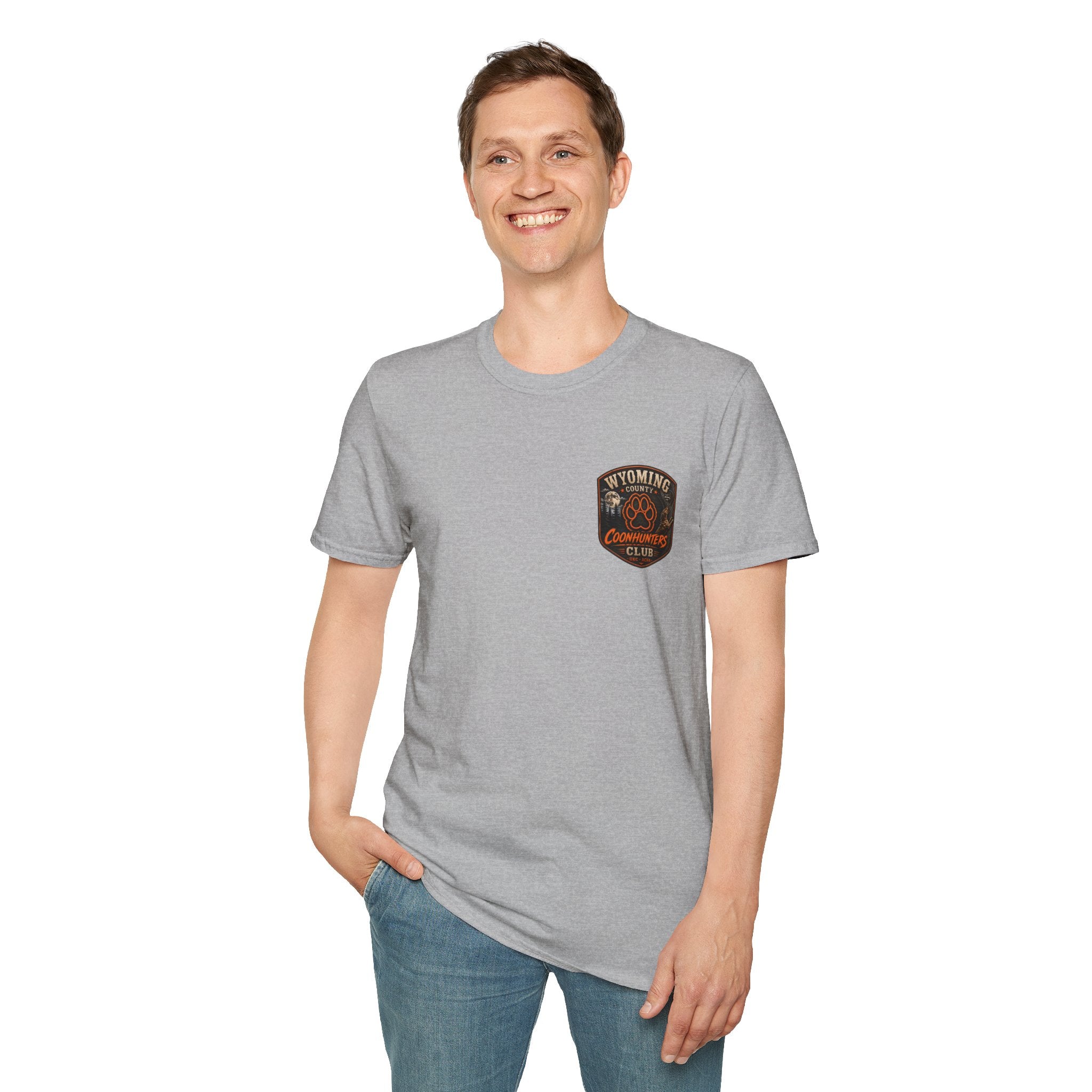 Wyoming Coonhunters Club T‑Shirt — front Badge with banner backTee