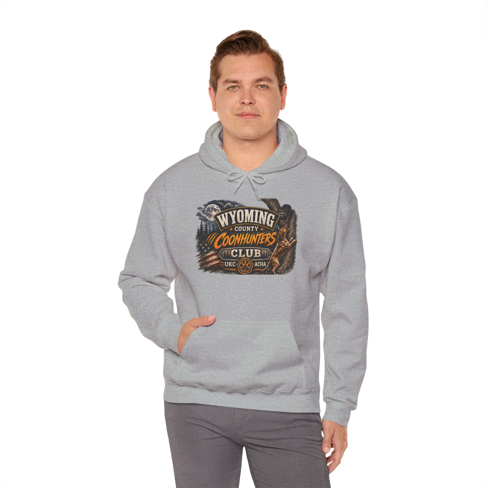 Wyoming Coonhunters Club Hoodie – Vintage Coon Hunting Graphic Dual print Banner front/Badge Back