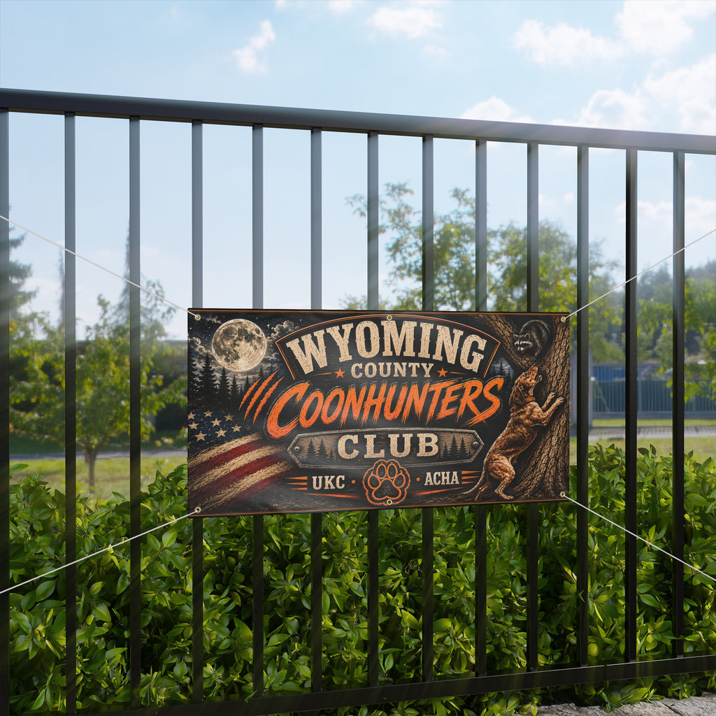 Wyoming County Coonhunters Club Banner — Outdoor Hunting Sign with American Flag & Moon