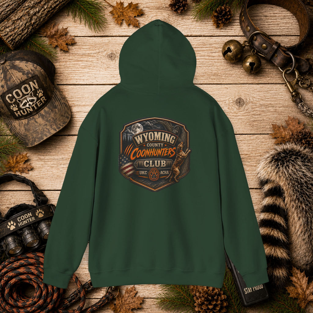 Wyoming County Coonhunters Club Hoodie – Rustic Hunting Badge Sweatshirt