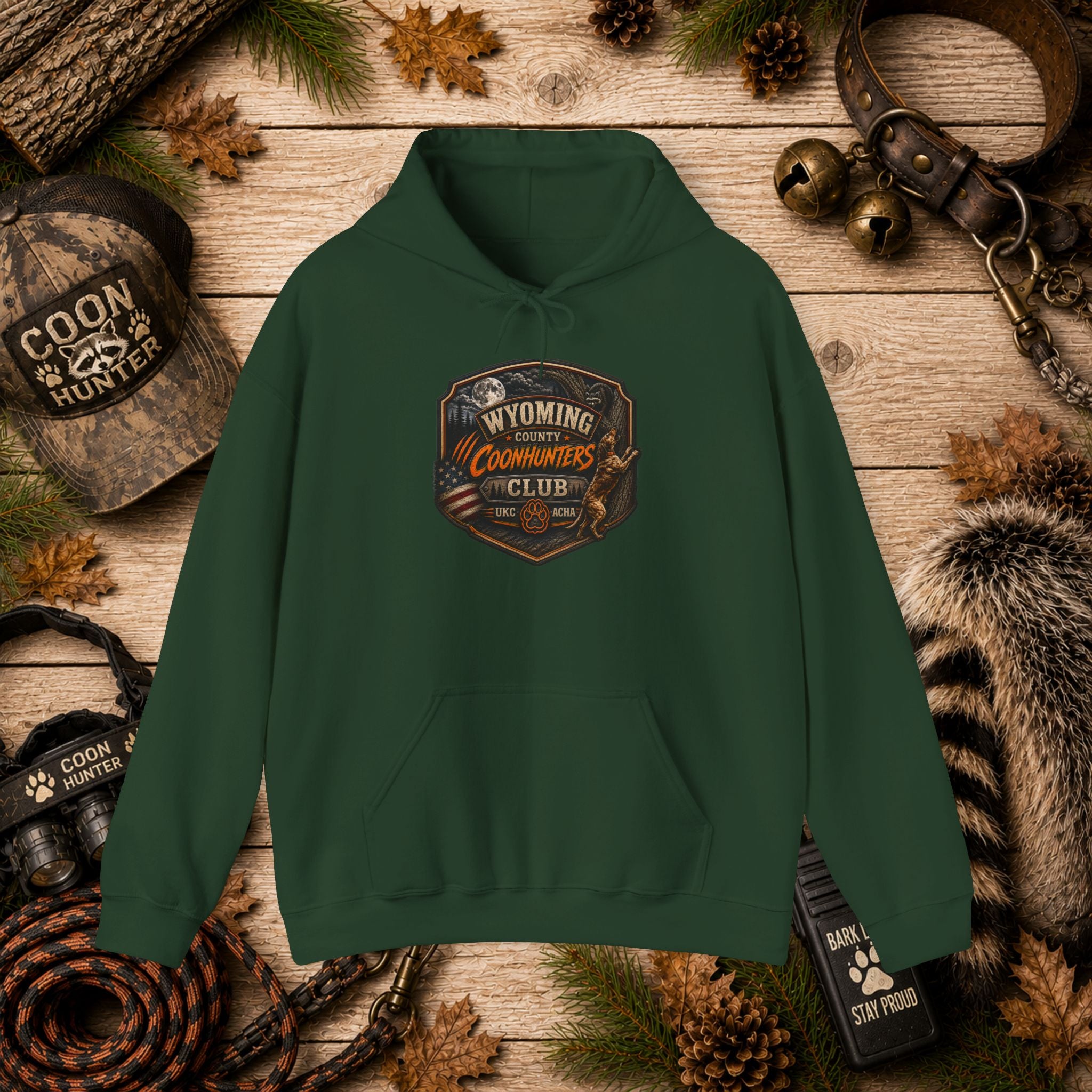 Wyoming Coonhunters Club Hoodie – Dual print badge front/banner back