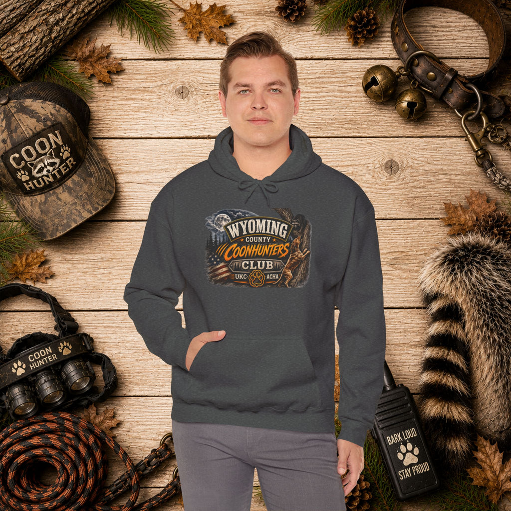 Wyoming Coonhunters Club Hoodie – Vintage Coon Hunting Graphic Dual print Banner front/Badge Back