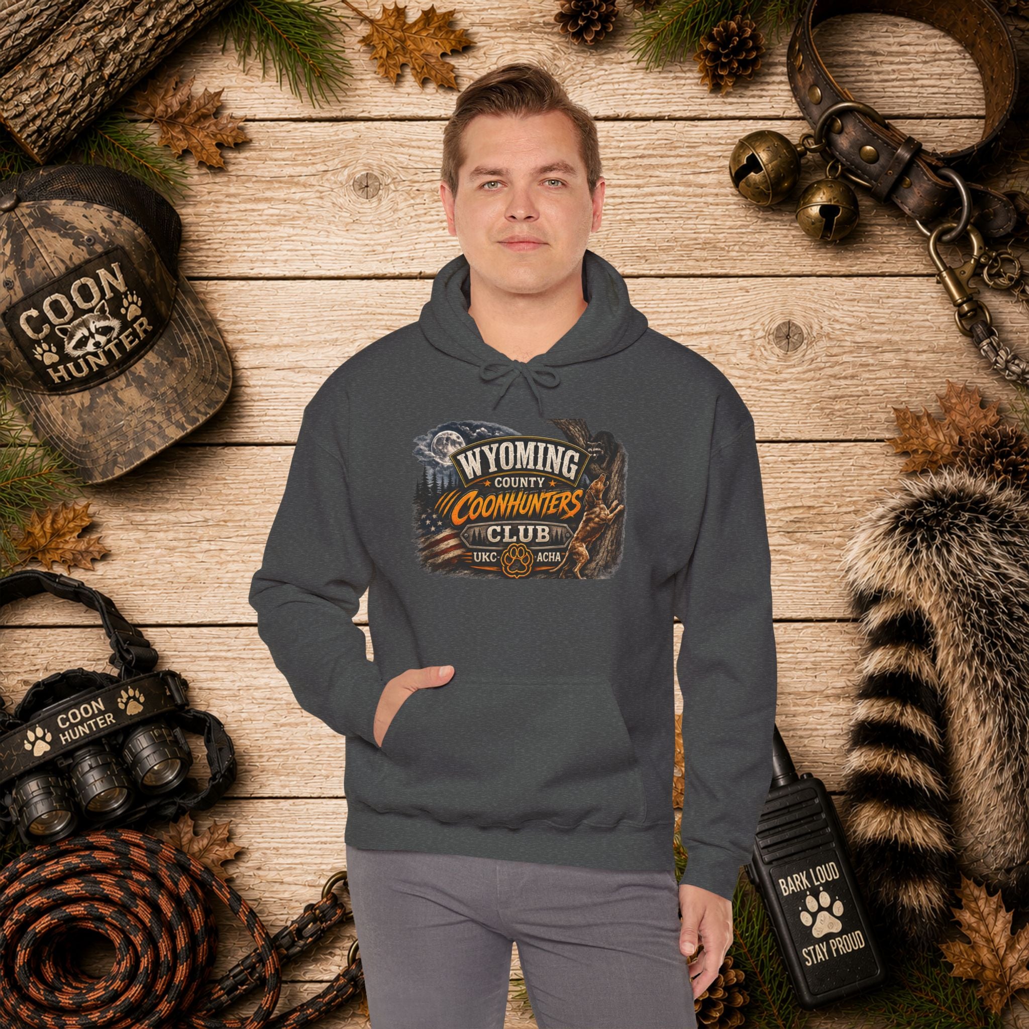 Wyoming Coonhunters Club Hoodie – Vintage Coon Hunting Graphic Dual print Banner front/Badge Back