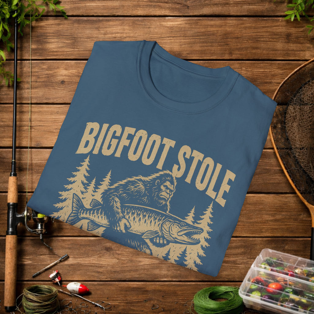 Bigfoot Stole My Musky T-Shirt — Funny Fishing Muskie Tee for Anglers