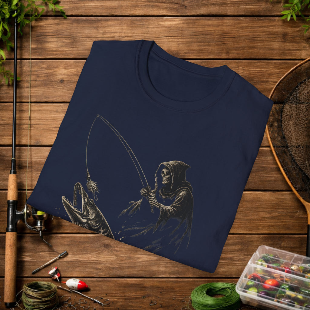 Musky Fishing T-Shirt – Grim Reaper Fishing Design “50” – Muskie Angler Shirt – Dark Fishing Tee – Gift for Fishermen