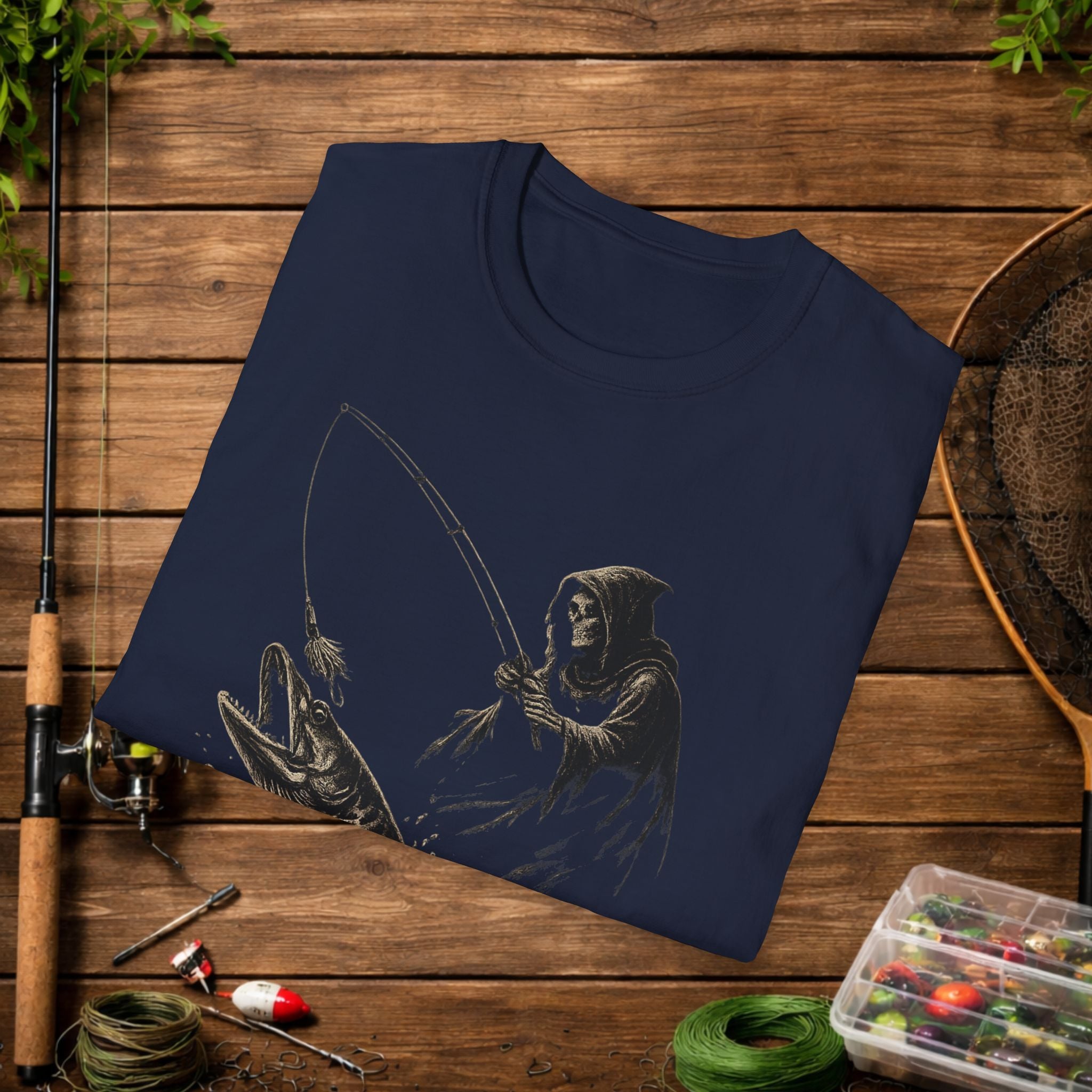 Musky Fishing T-Shirt – Grim Reaper Fishing Design “50” – Muskie Angler Shirt – Dark Fishing Tee – Gift for Fishermen