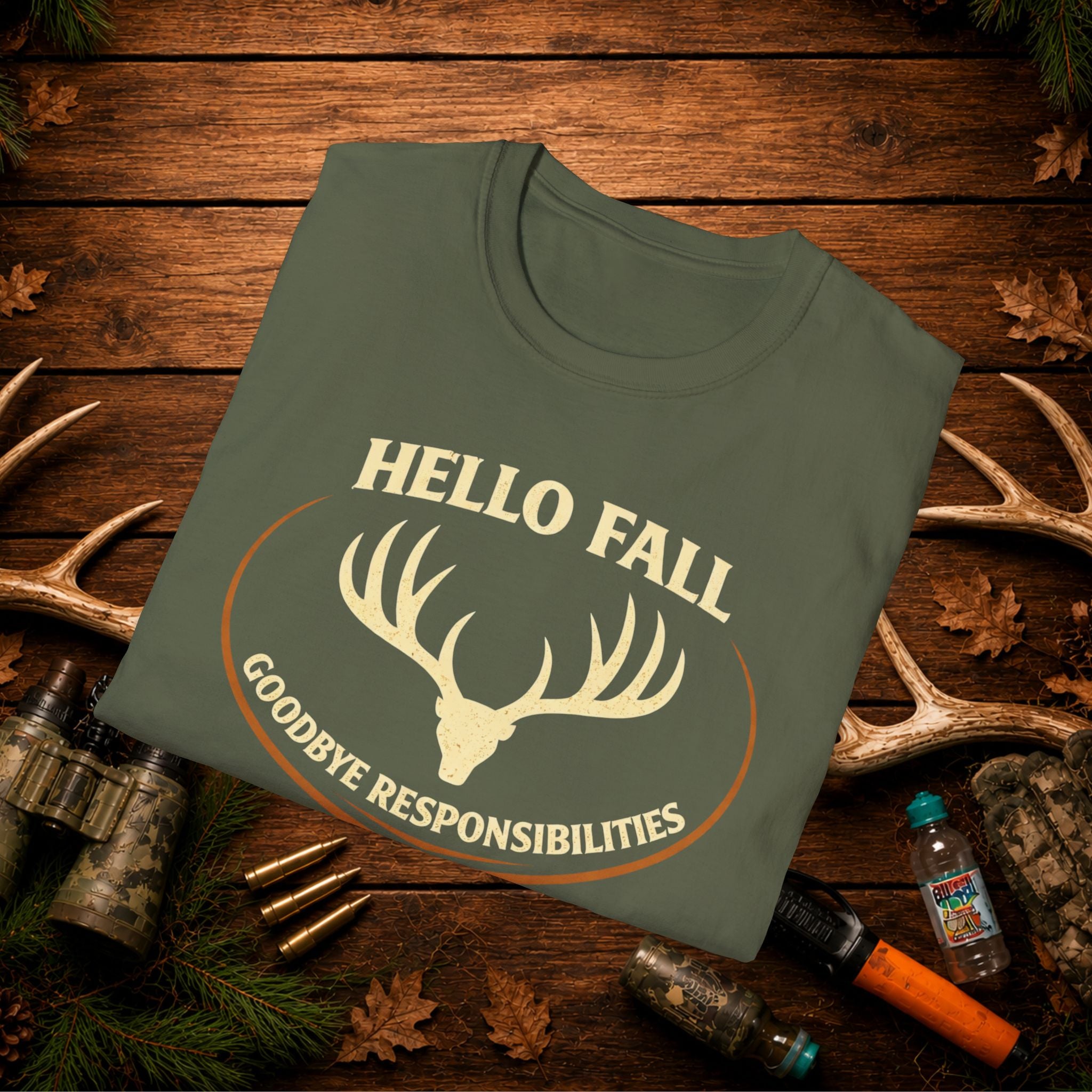 Hello Fall T-Shirt — "Goodbye Responsibilities" Deer Antler Graphic Tee