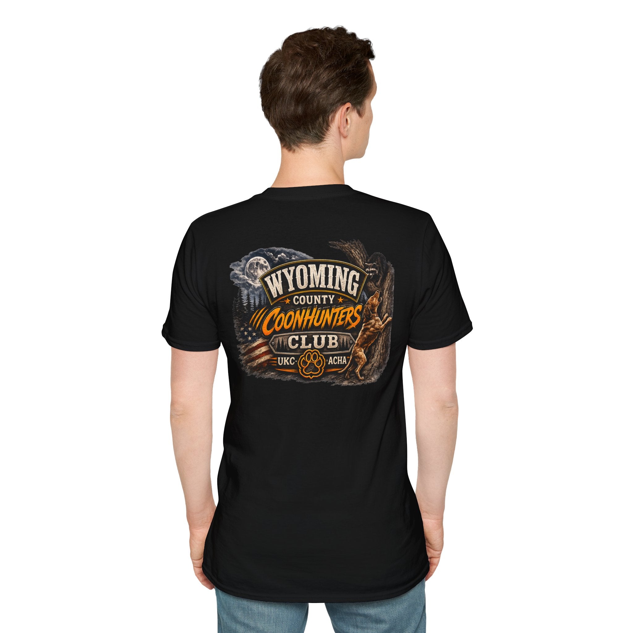 Wyoming Coonhunters Club T‑Shirt — front Badge with banner backTee
