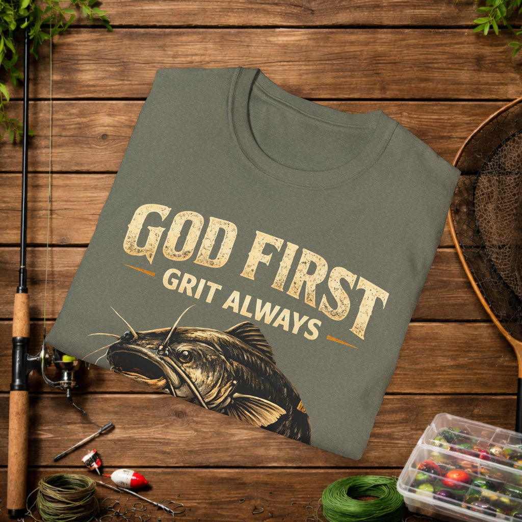 God First Grit Always Shirt – Catfish Fishing Tee – Faith Based Outdoor Shirt – Christian River Life Apparel