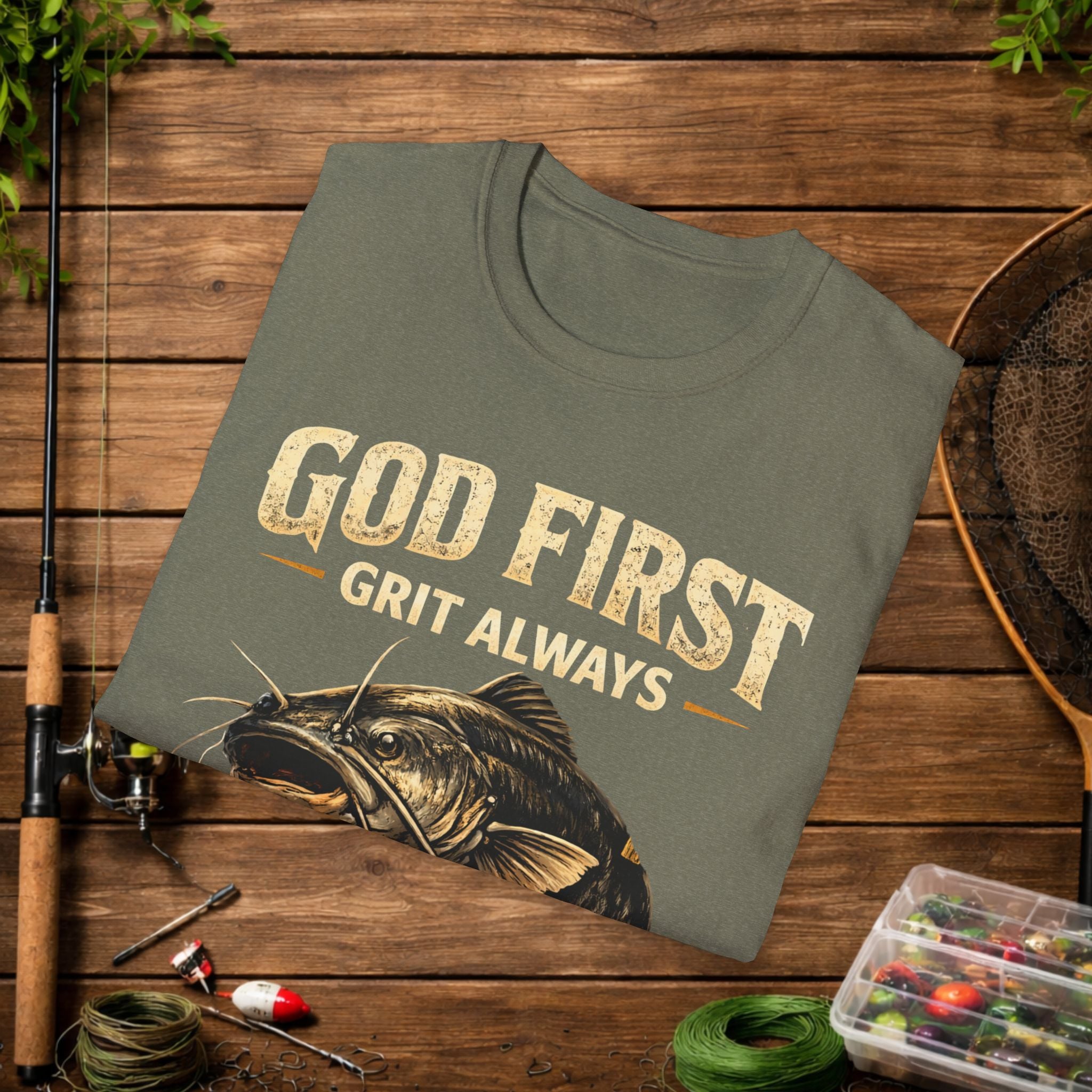 God First Grit Always Shirt – Catfish Fishing Tee – Faith Based Outdoor Shirt – Christian River Life Apparel