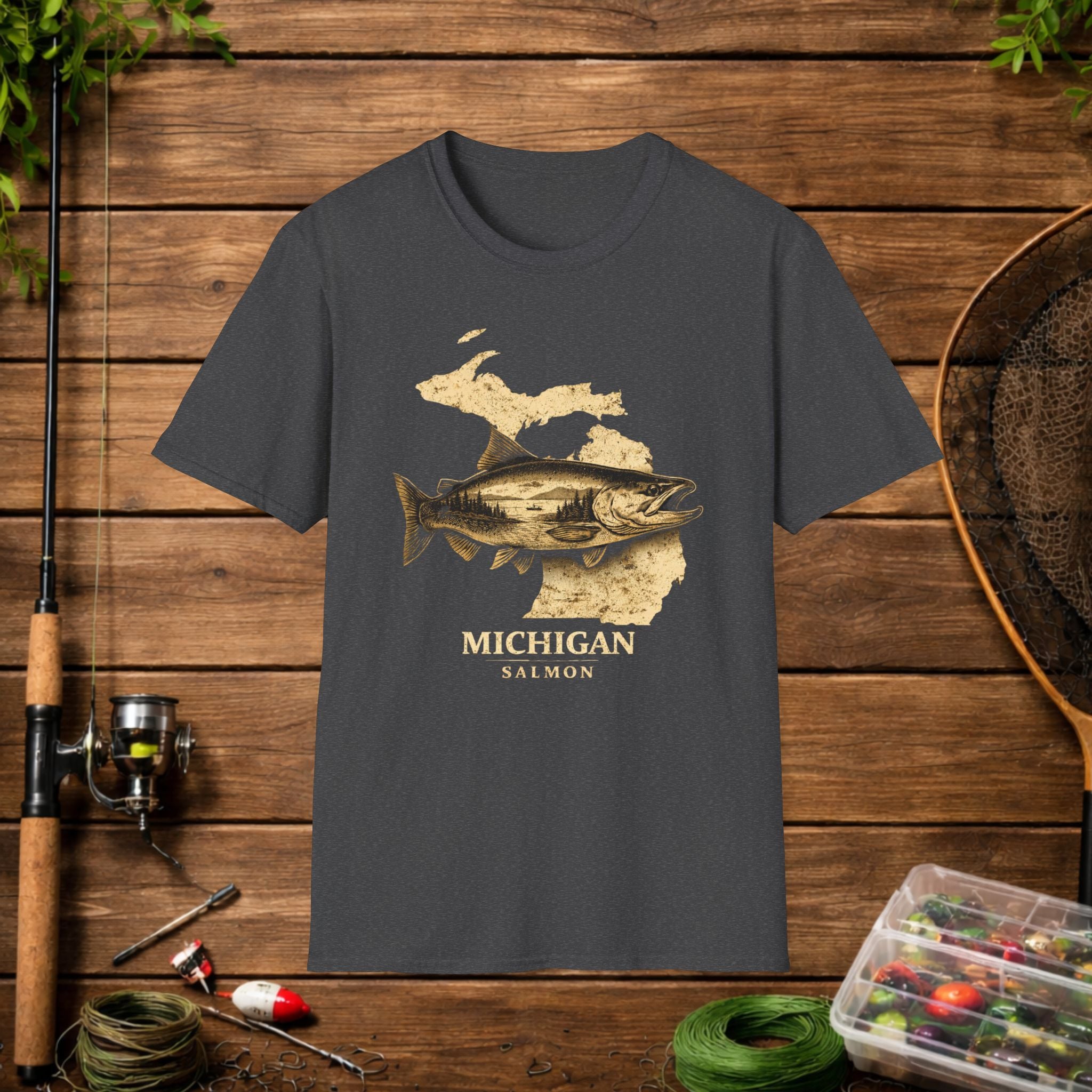 Michigan Salmon Fishing Shirt – Vintage Michigan Angler Tee – Great Lakes Salmon Fishing Apparel – Fisherman Gift