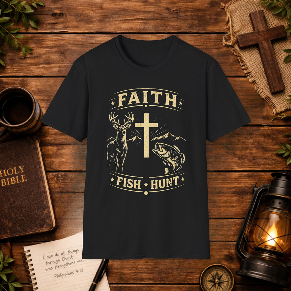 Faith Cross Deer & Fish T-Shirt — Christian Hunting & Fishing Graphic Tee