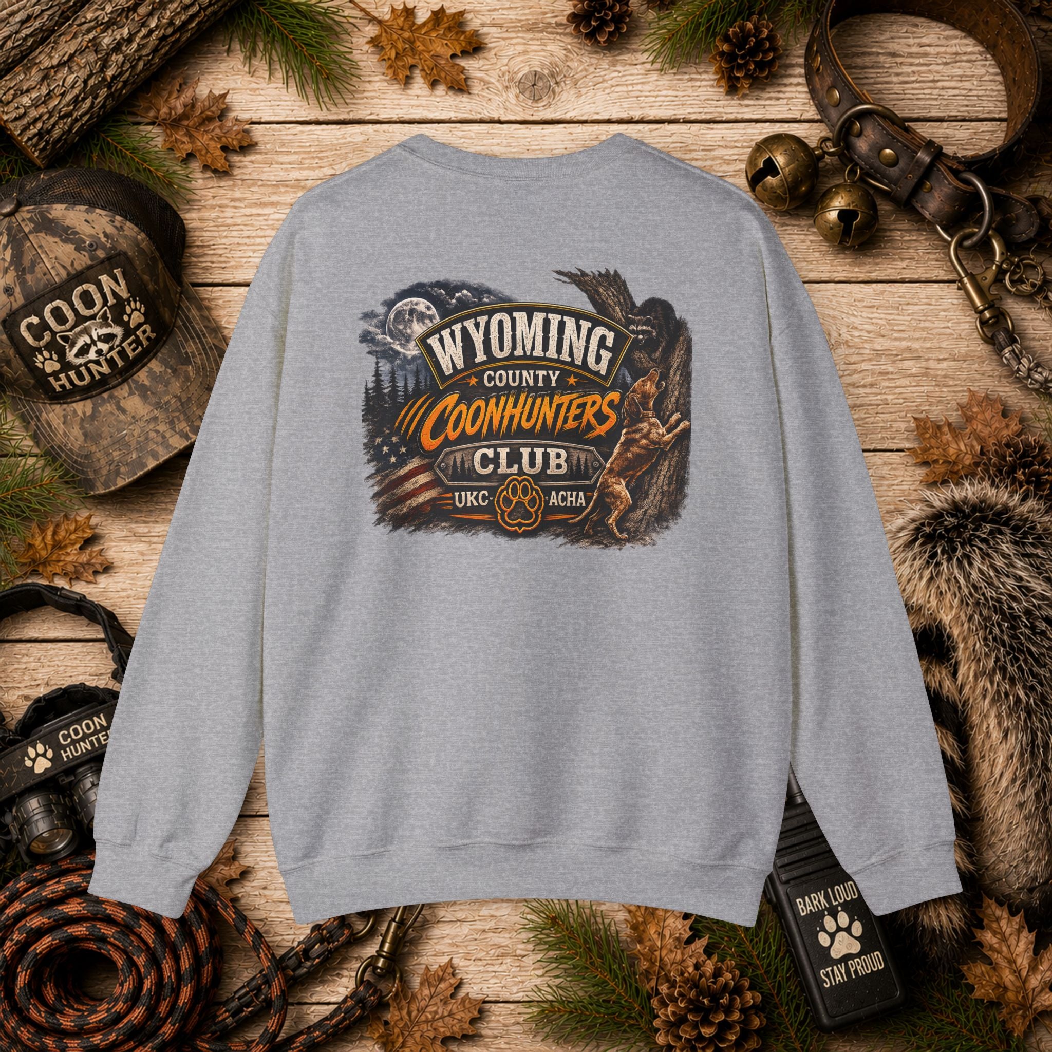 Wyoming Coonhunters Club Crewneck Sweatshirt Dual Print Badge front/Banner back