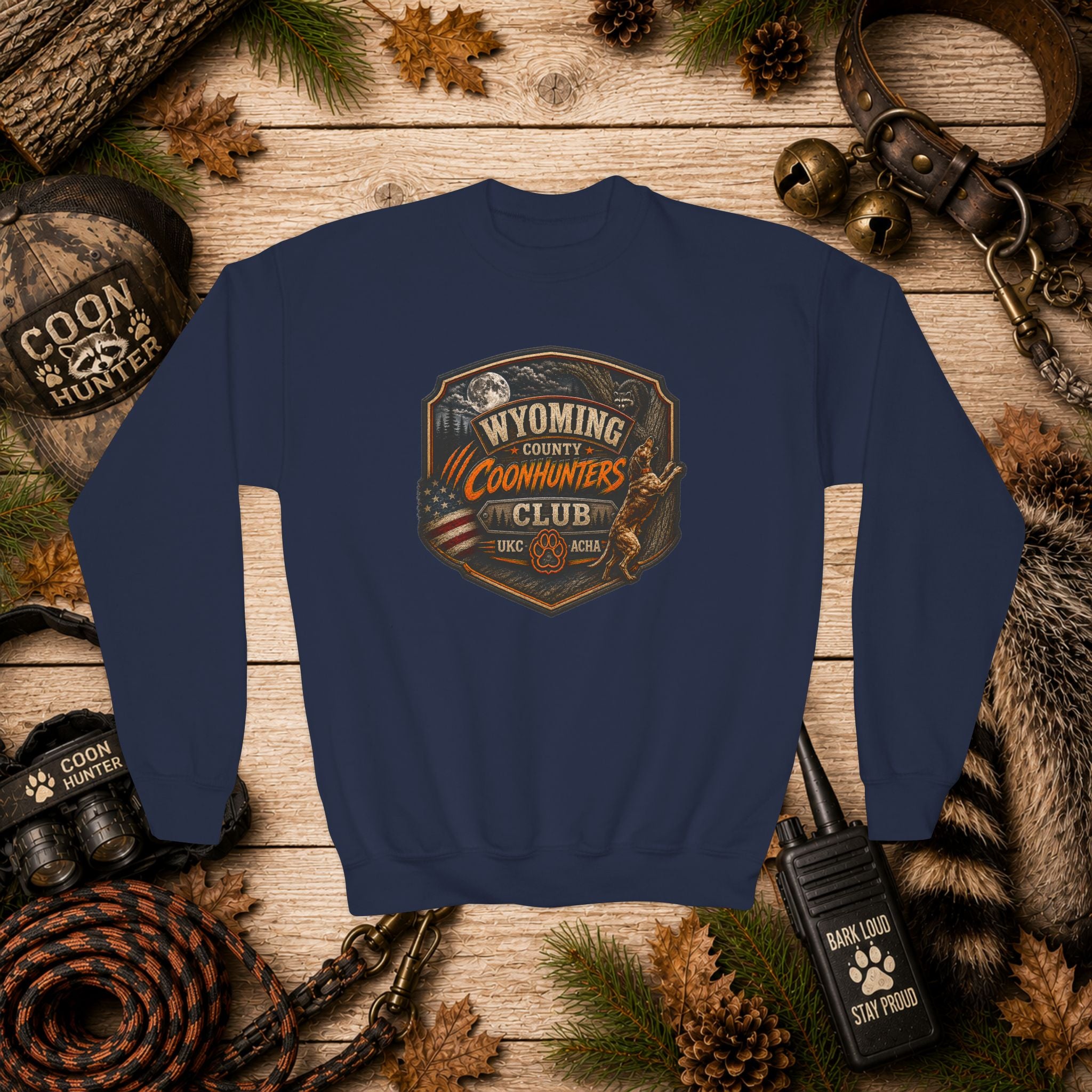 Youth Crewneck Sweatshirt — Wyoming Coonhunters Club Vintage Hunting Graphic Dual print Badge front/Banner back