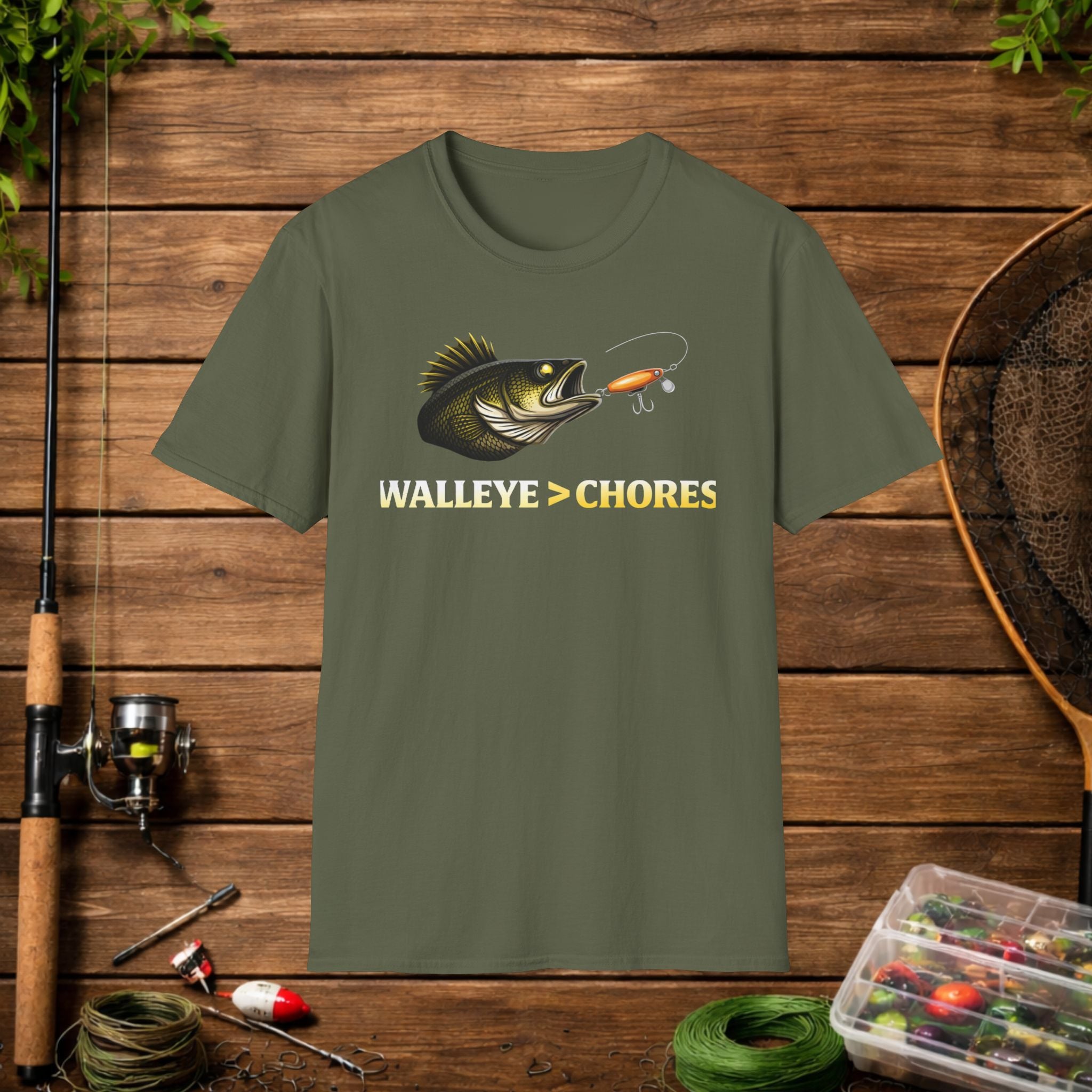 Walleye Over Chores Fishing Shirt – Funny Walleye Angler Tee – Walleye > Chores Shirt – Fisherman Gift