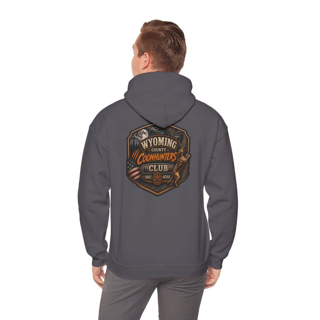 Wyoming Coonhunters Club Hoodie – Vintage Coon Hunting Graphic Dual print Banner front/Badge Back