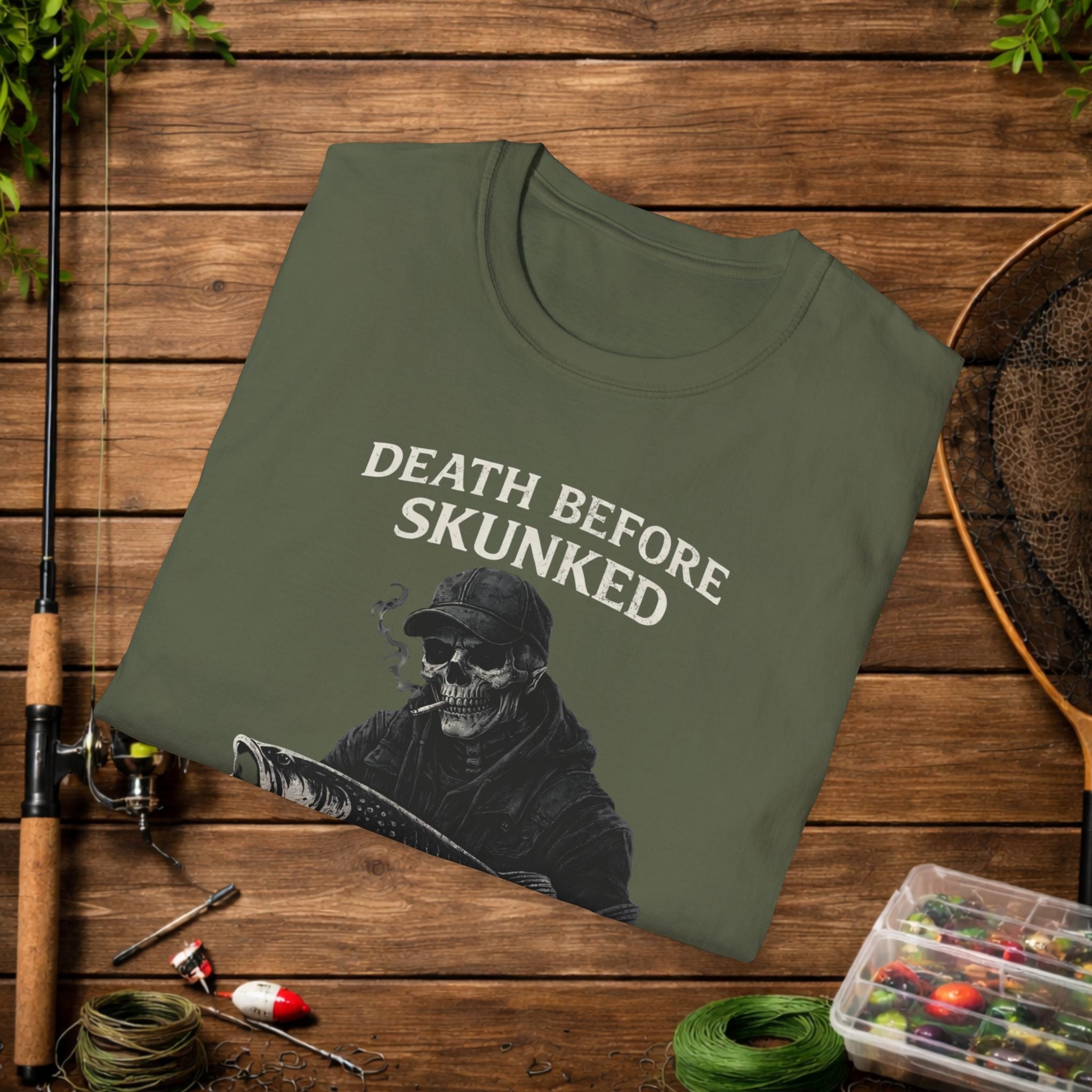 Musky Fishing Shirt – Death Before Skunked – Grim Reaper Angler Tee – Muskie Fisherman Gift – Dark Fishing T-Shirt