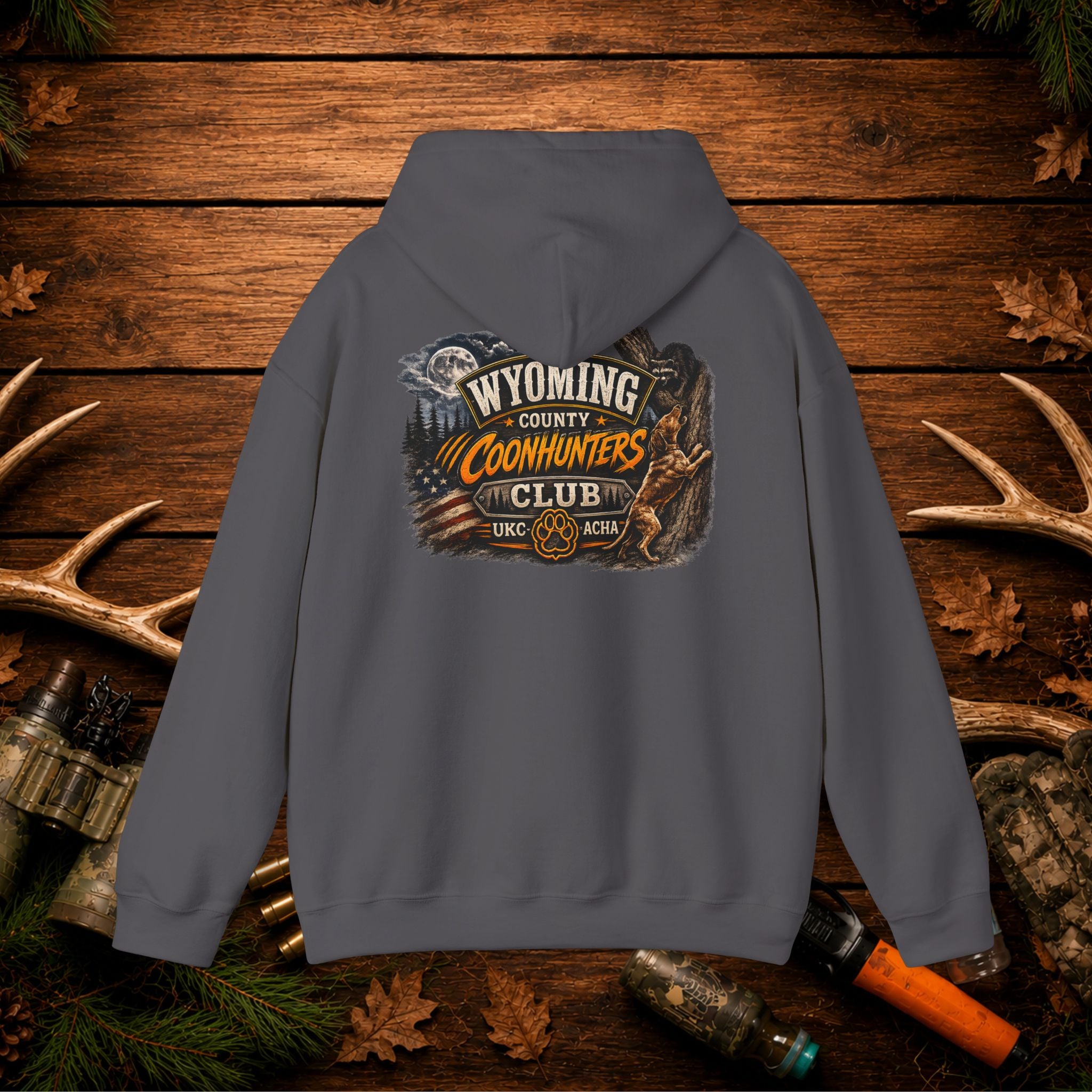 Coonhunters Club Hoodie — Wyoming County Retro Hunting Graphic