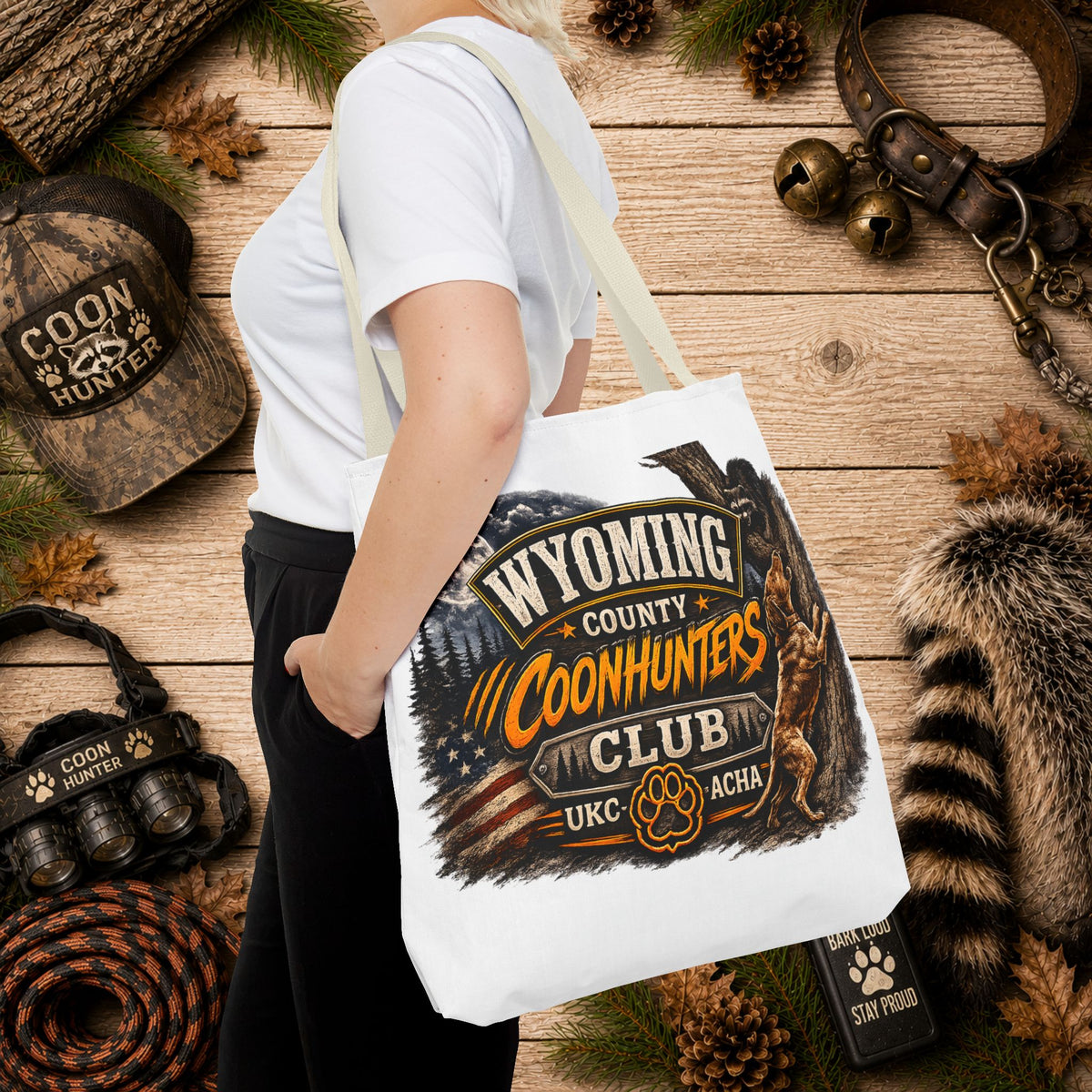 Coonhunters Club Wyoming Tote Bag — Vintage Hunting Patch Design