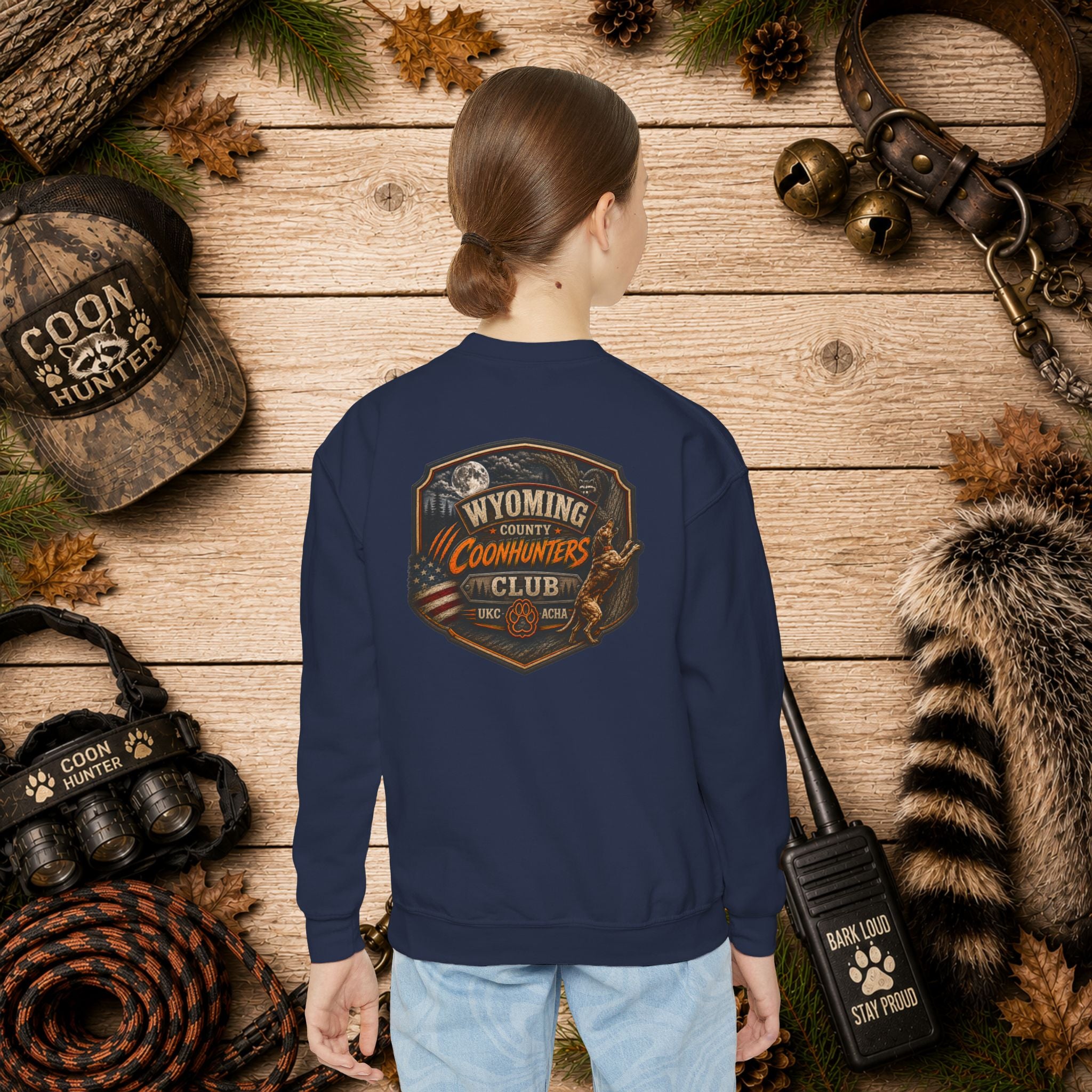 Wyoming Coonhunters Club Youth Crewneck Sweatshirt — Dual Print Banner front/Badge back