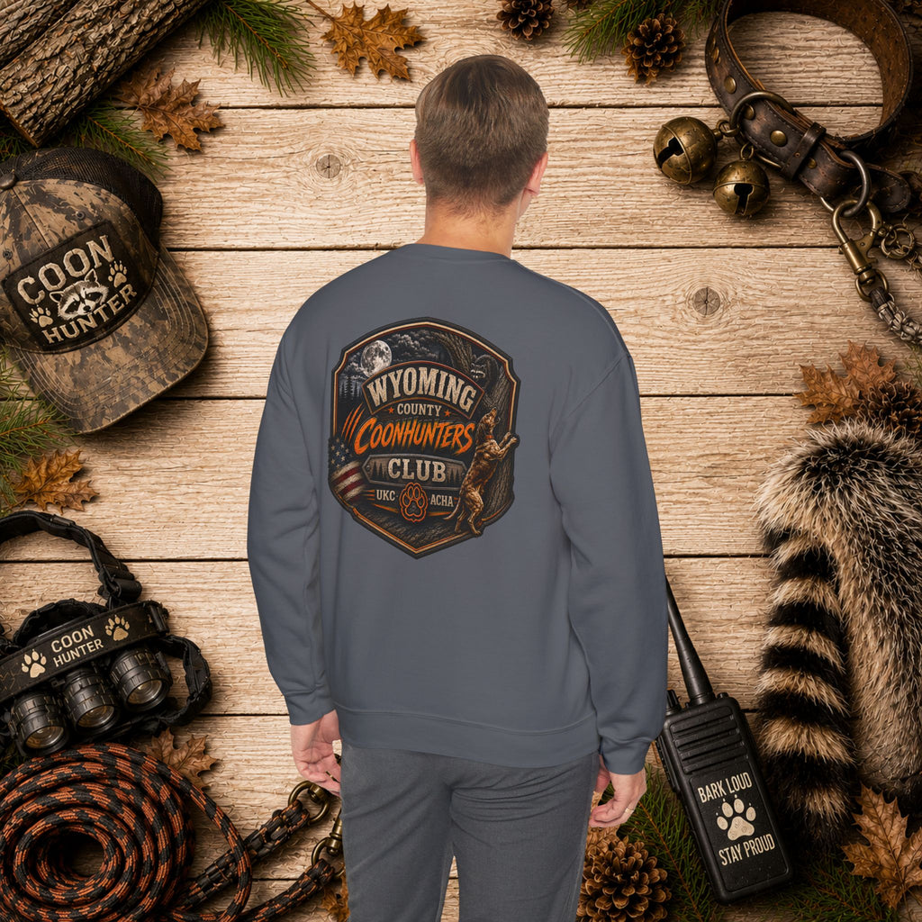 Wyoming County Coonhunters Club Sweatshirt Daul print Banner front/Badge back