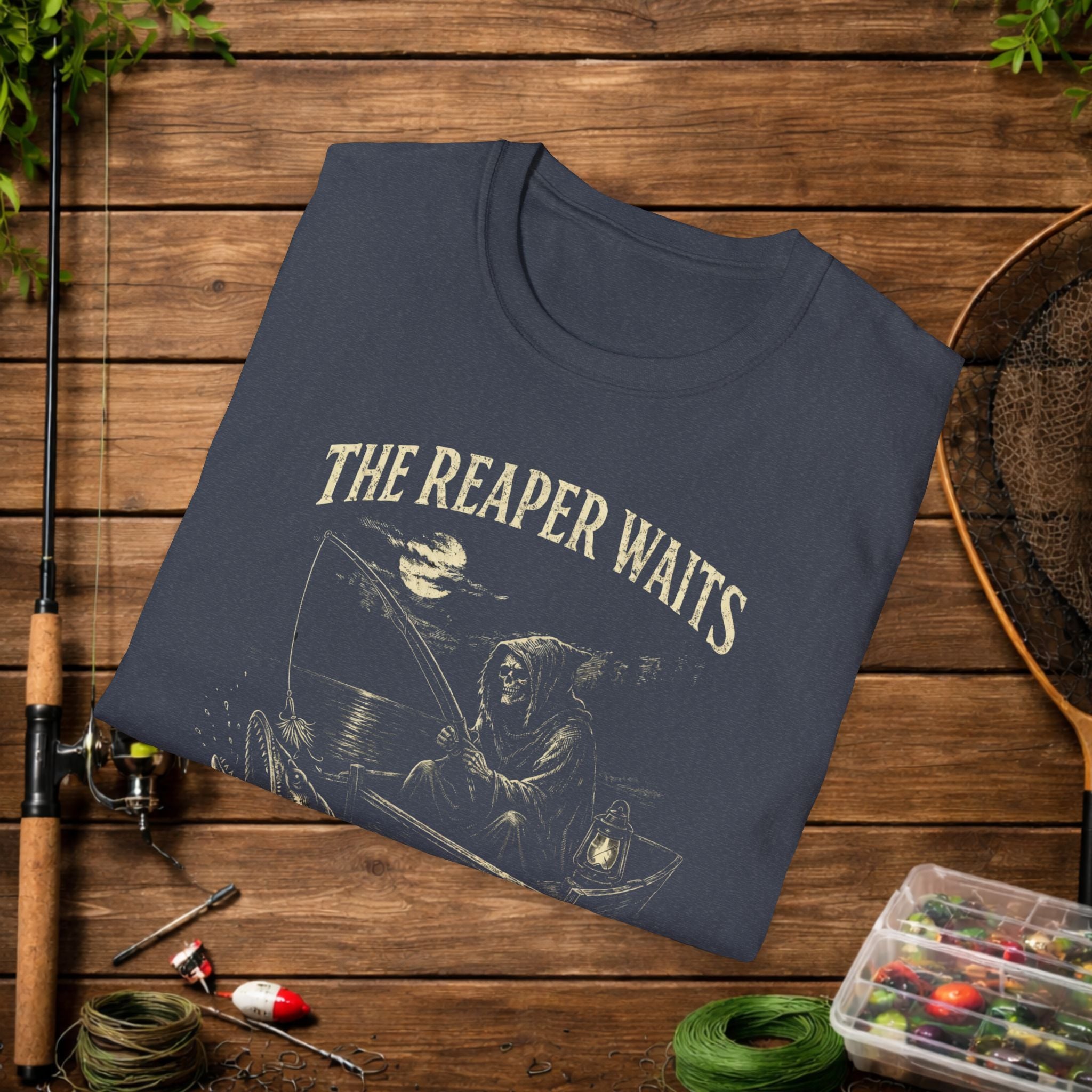 Musky Fishing Shirt – The Reaper Waits – Grim Reaper Fishing Tee – Muskie Angler Gift – Dark Fishing T-Shirt