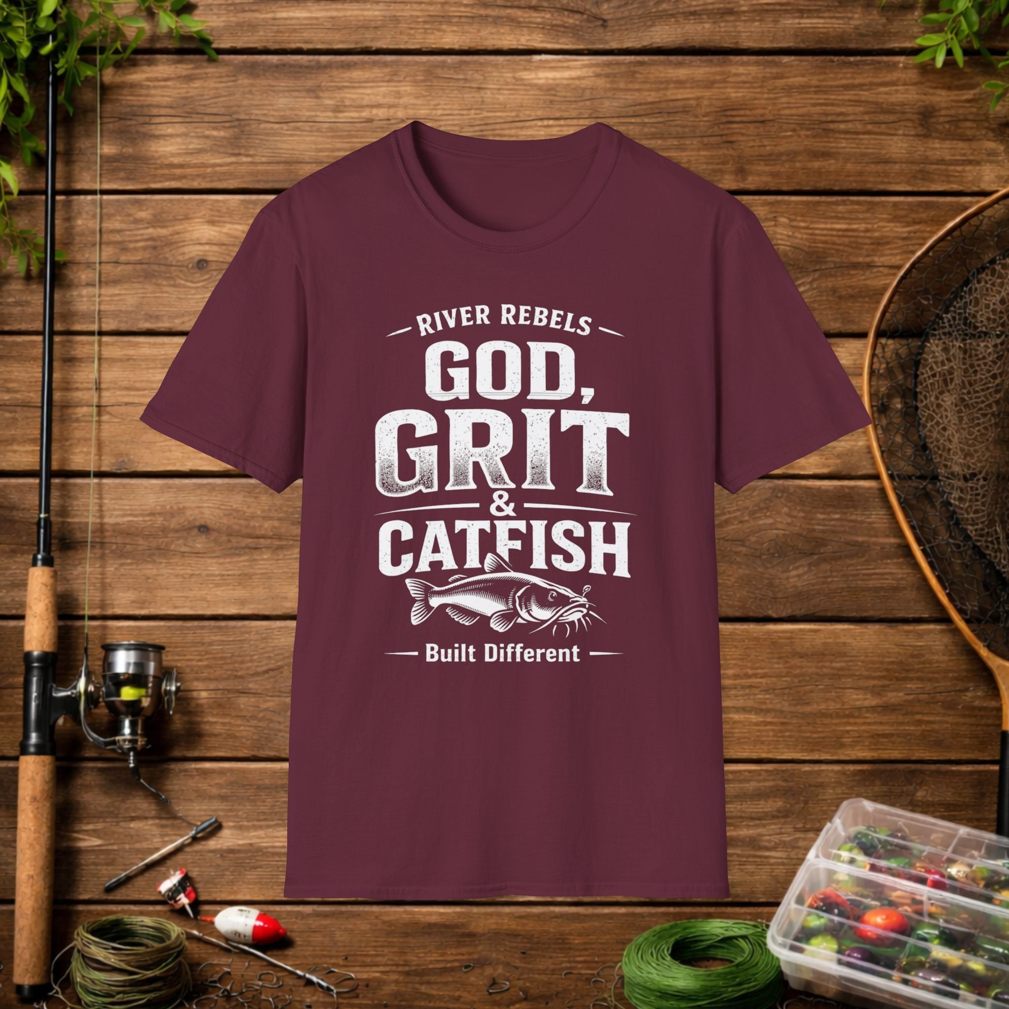God Grit & Catfish Shirt – River Rebels Faith Fishing Tee – Christian Outdoor Shirt – Built Different Country Apparel