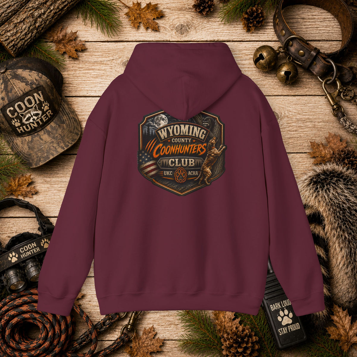 Wyoming County Coonhunters Club Hoodie – Rustic Hunting Badge Sweatshirt