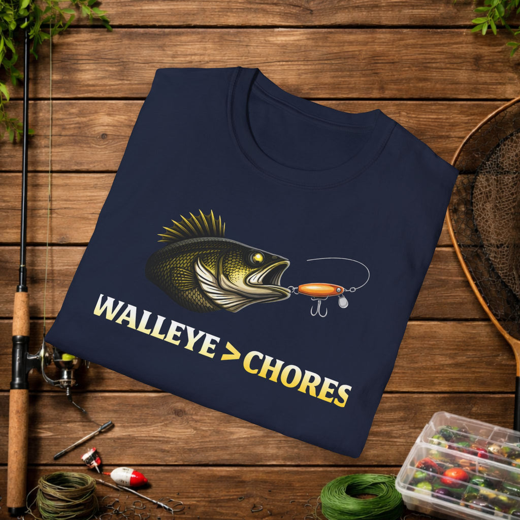 Walleye Over Chores Fishing Shirt – Funny Walleye Angler Tee – Walleye > Chores Shirt – Fisherman Gift