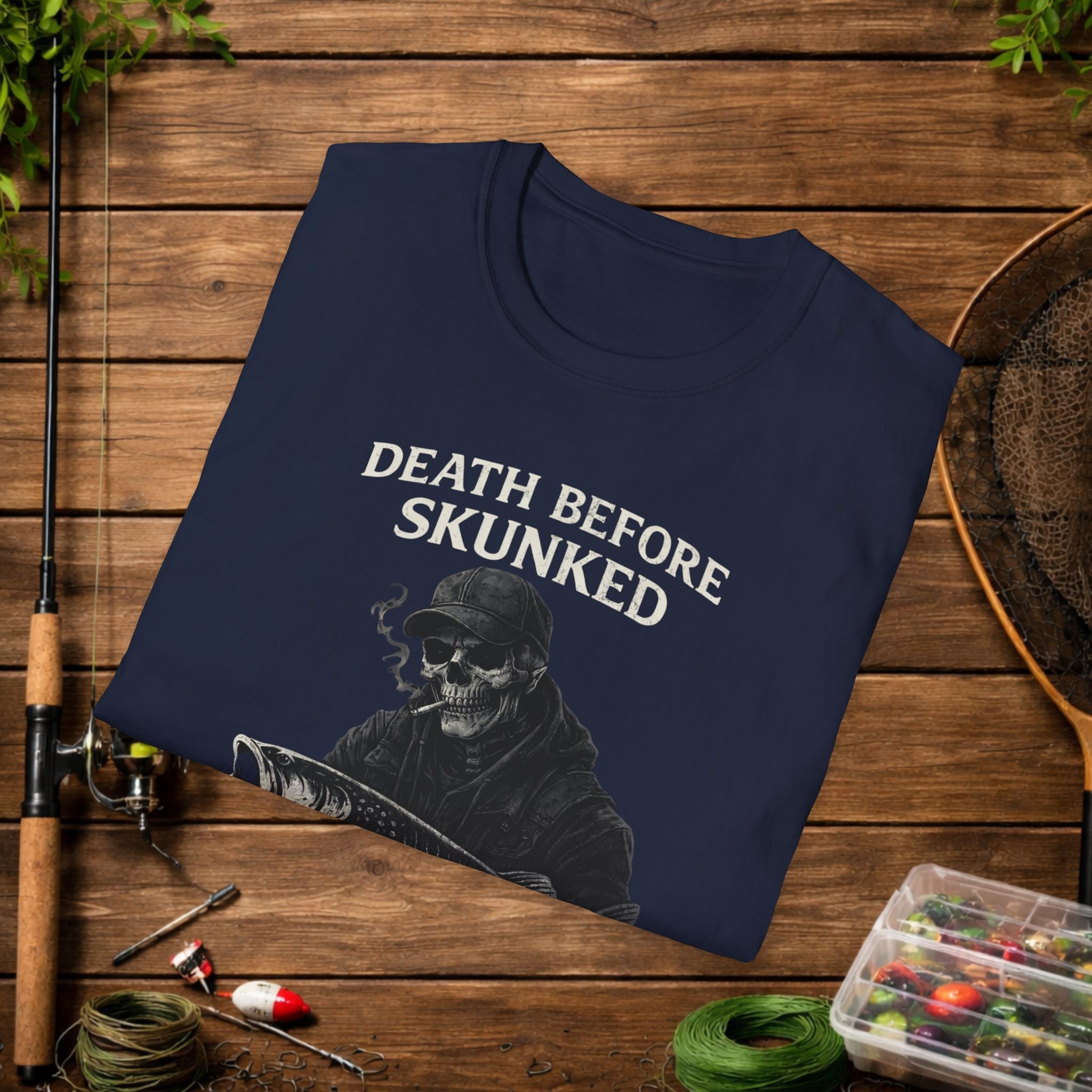 Musky Fishing Shirt – Death Before Skunked – Grim Reaper Angler Tee – Muskie Fisherman Gift – Dark Fishing T-Shirt