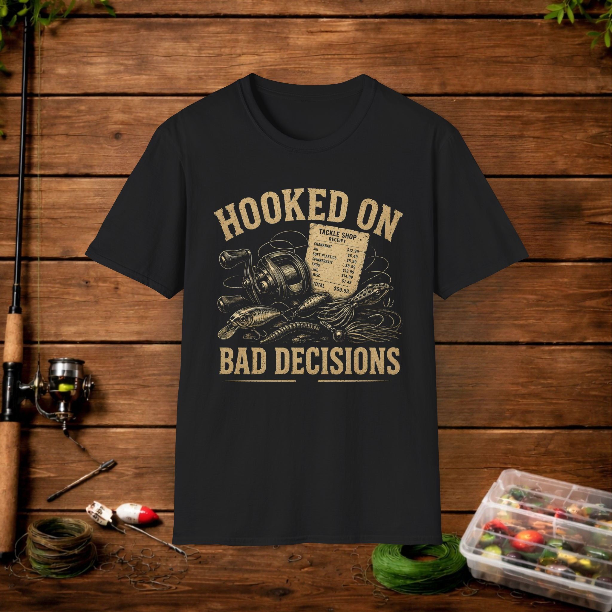 Hooked On Bad Decisions T‑Shirt — Funny Fishing Graphic Tee for Anglers & Outdoors