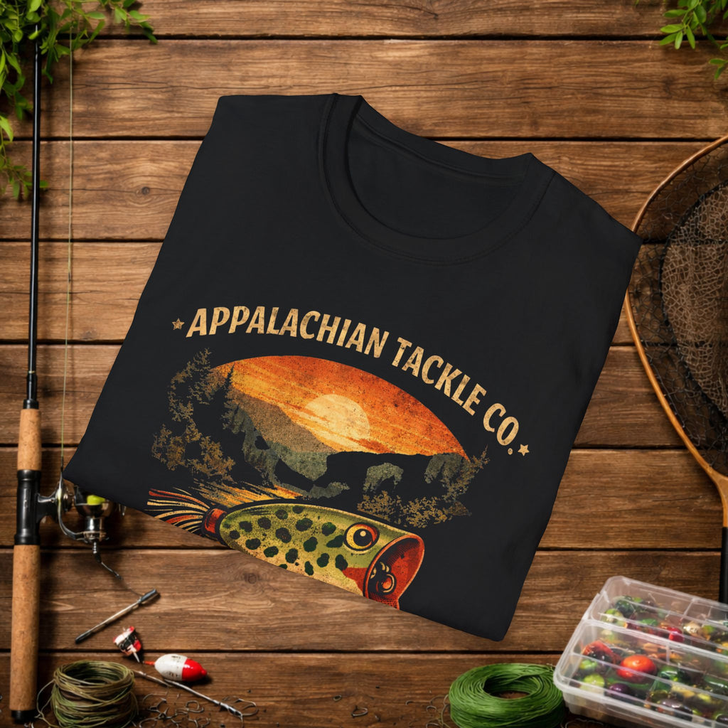 Appalachian Tackle Co Hula Popper Shirt – Vintage Fishing Lure Tee – Topwater Bass Fishing Shirt – Mountain Stream Apparel