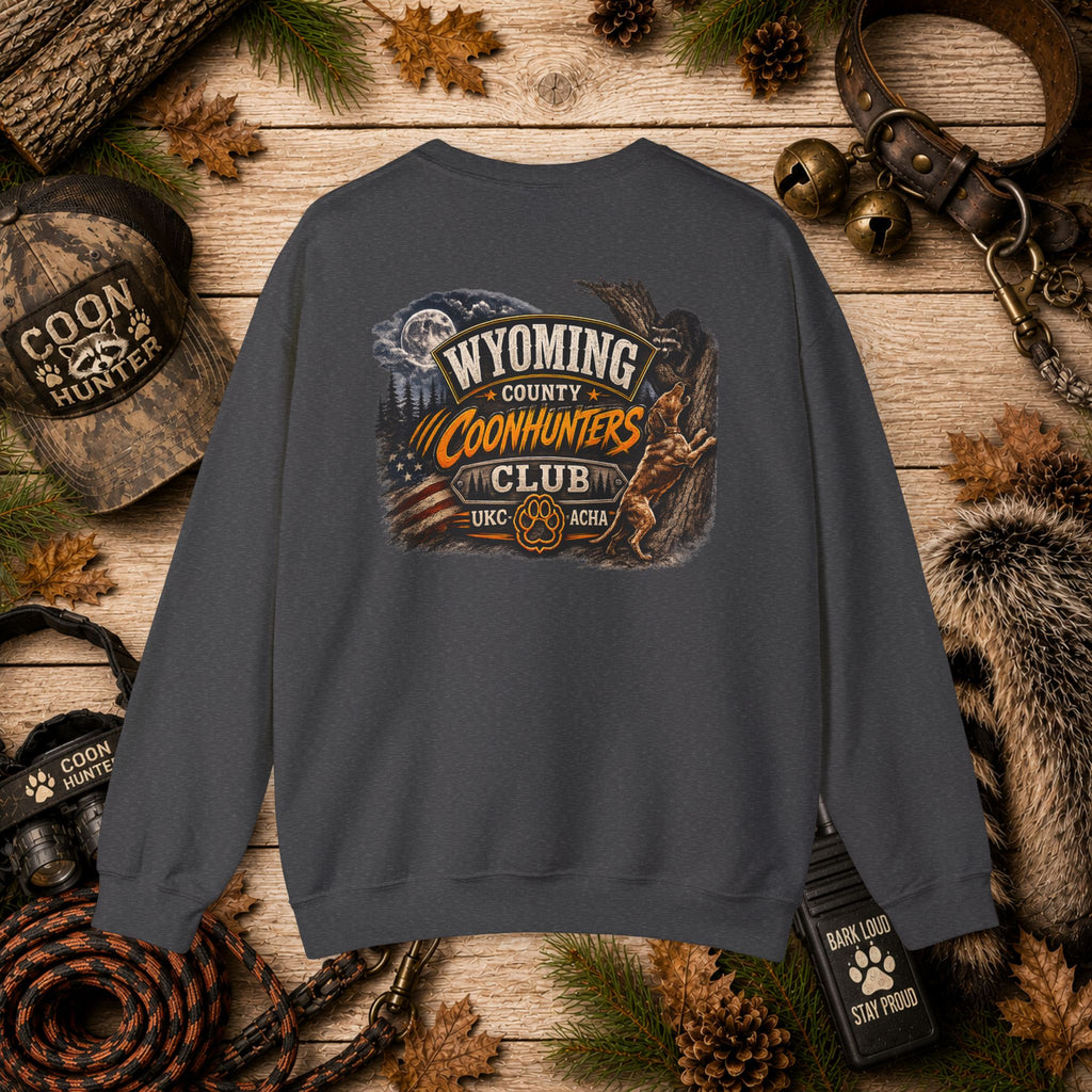 Wyoming Coonhunters Club Crewneck Sweatshirt Dual Print Badge front/Banner back