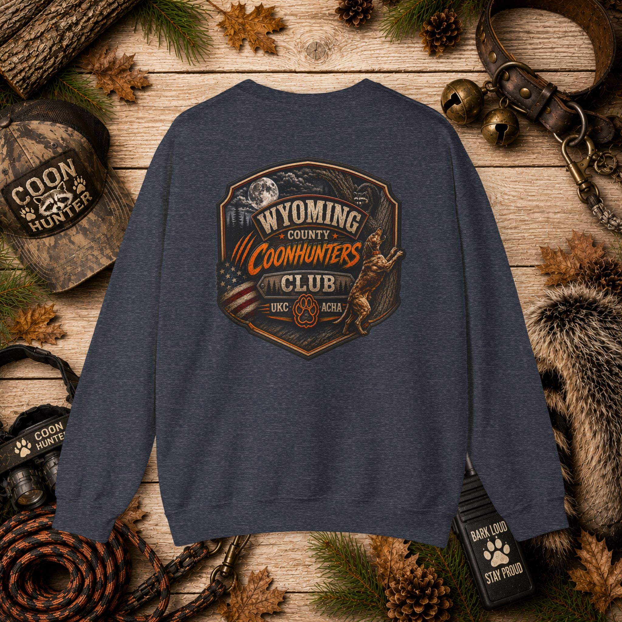Wyoming County Coonhunters Club Sweatshirt Daul print Banner front/Badge back