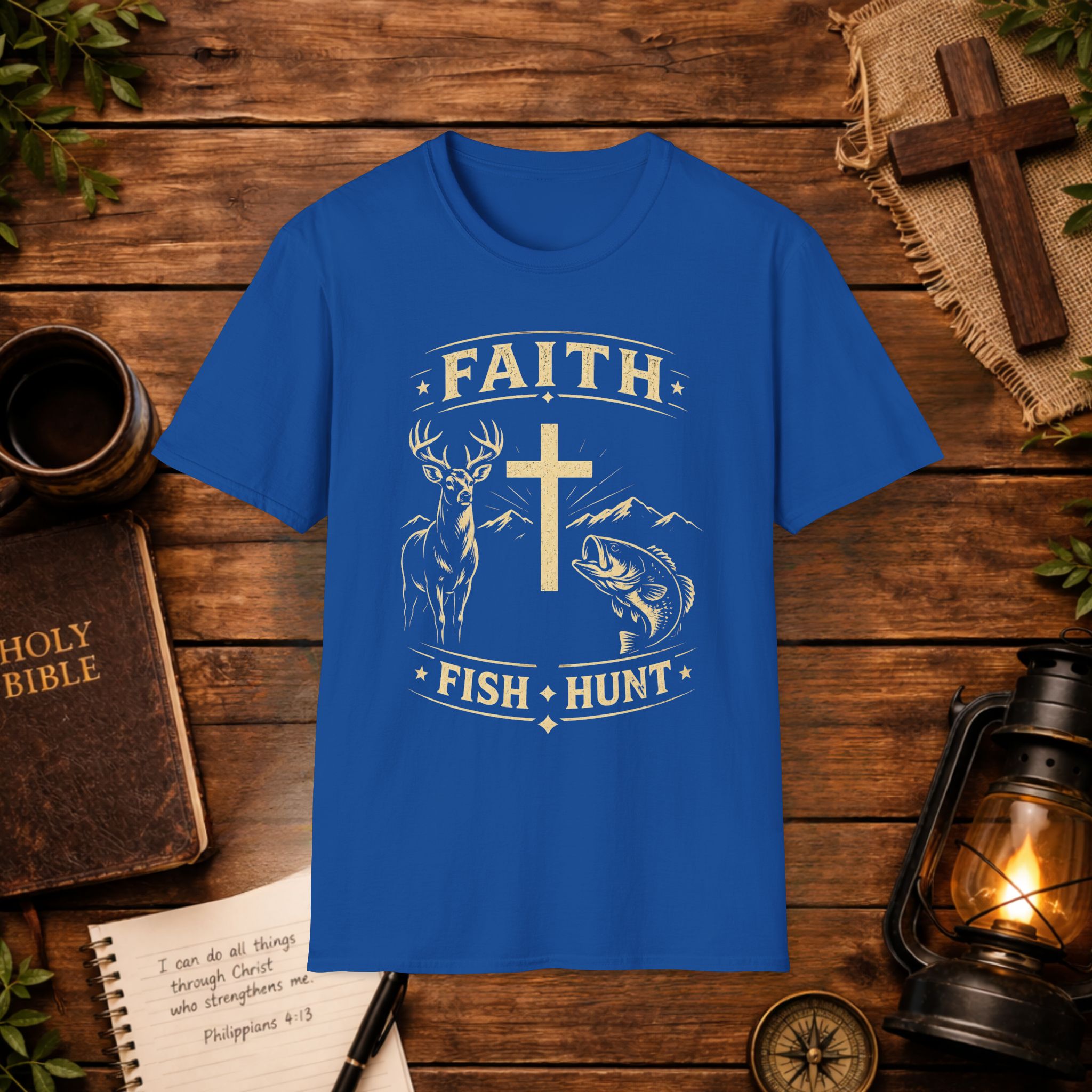 Faith Cross Deer & Fish T-Shirt — Christian Hunting & Fishing Graphic Tee
