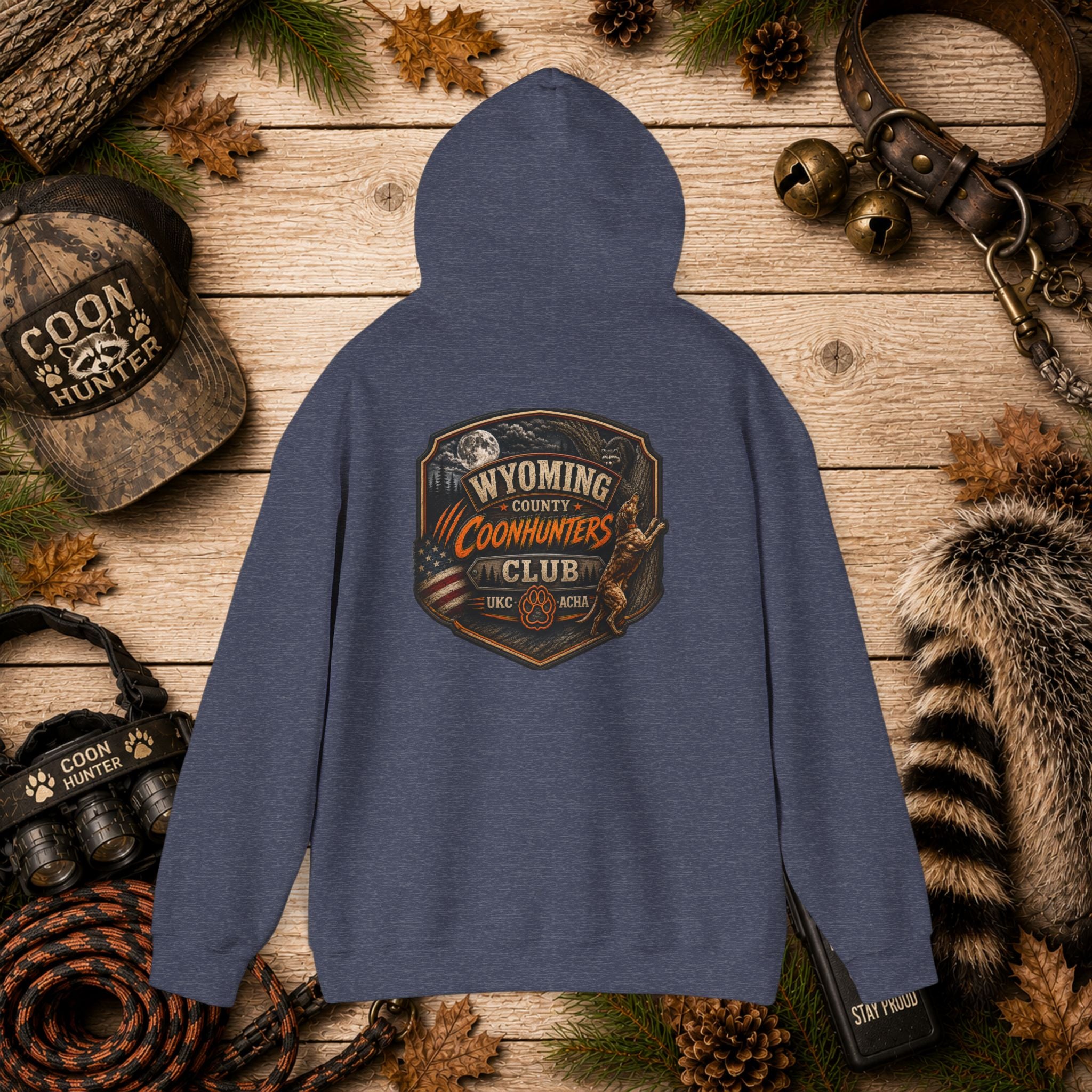 Wyoming County Coonhunters Club Hoodie – Rustic Hunting Badge Sweatshirt