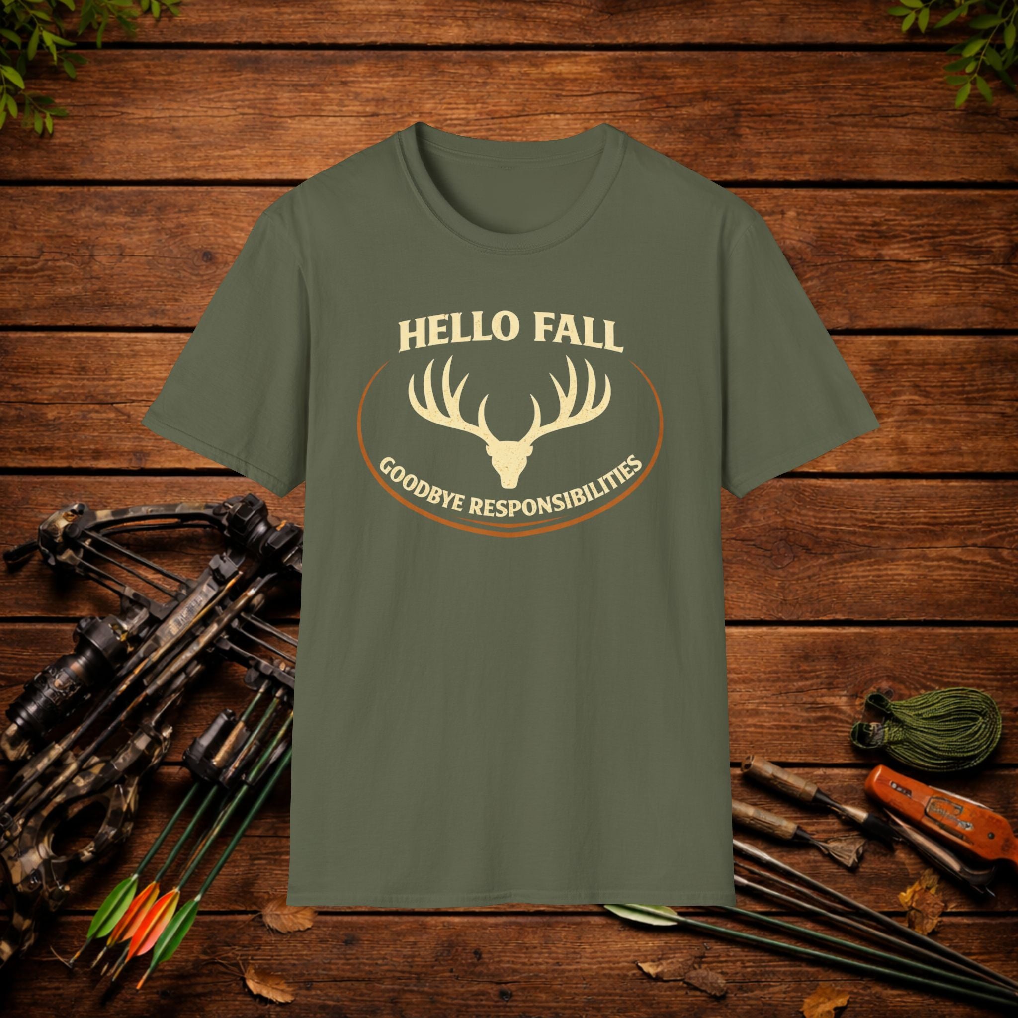 Hello Fall T-Shirt — "Goodbye Responsibilities" Deer Antler Graphic Tee