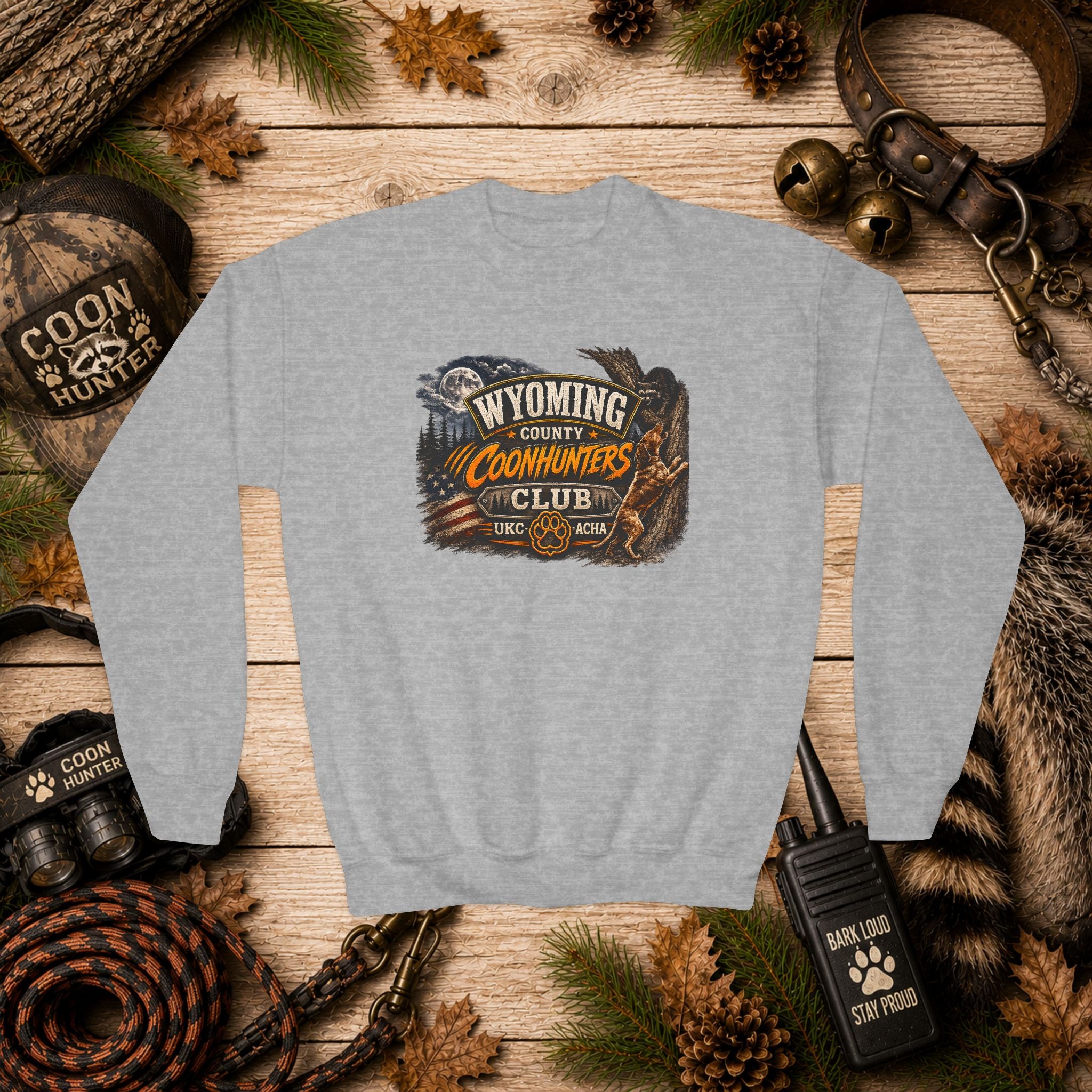Wyoming Coonhunters Club Youth Crewneck Sweatshirt — Dual Print Banner front/Badge back