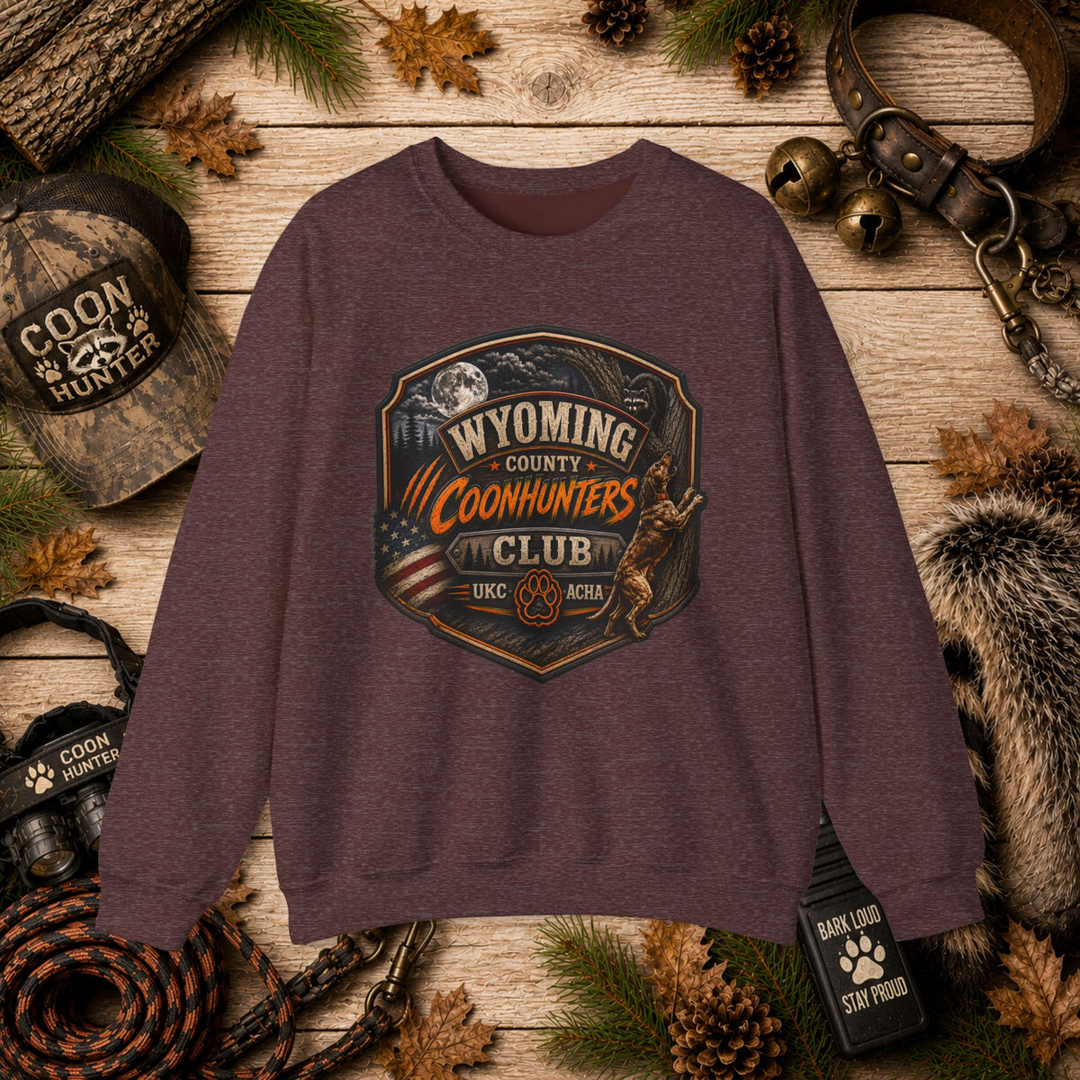 Wyoming Coonhunters Club Crewneck Sweatshirt Dual Print Badge front/Banner back