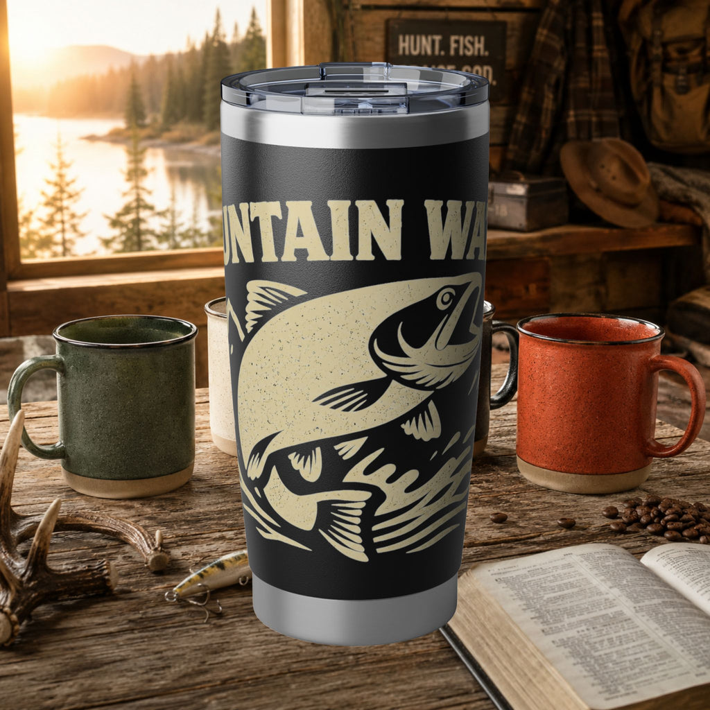 Mountain Water Fishing 20oz Insulated Tumbler – Vintage Angler Travel Mug | Gift for Fishermen