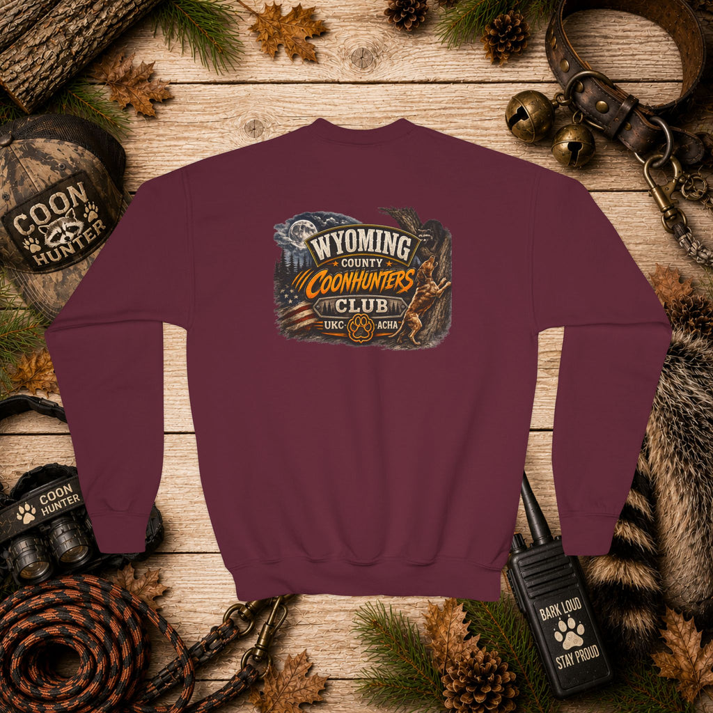 Youth Crewneck Sweatshirt — Wyoming Coonhunters Club Vintage Hunting Graphic Dual print Badge front/Banner back